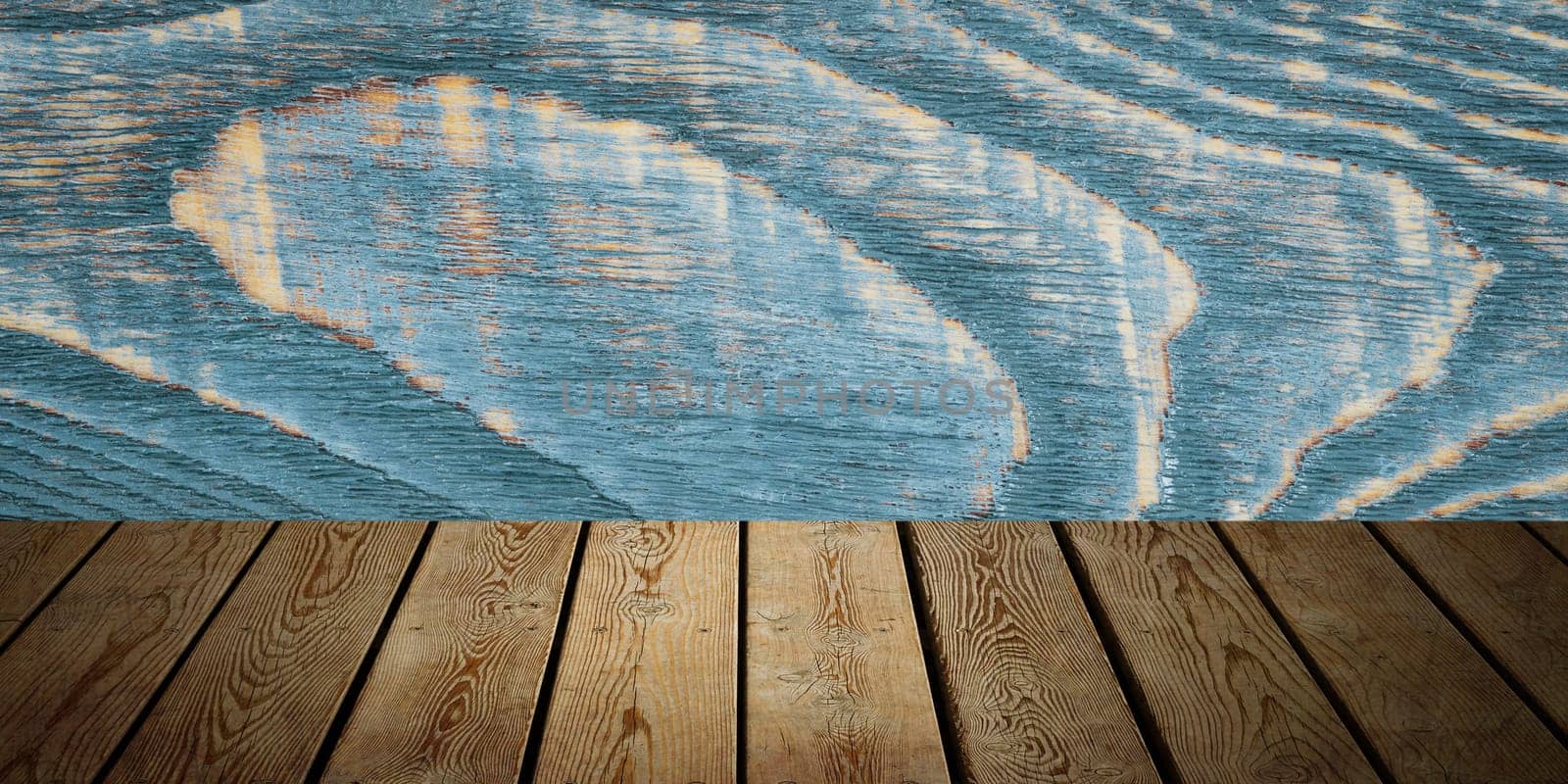 The background is blank wooden boards and a textured wall with lighting and vignetting. For product demonstrations, free space, layout, mockup, perspective board, background board.