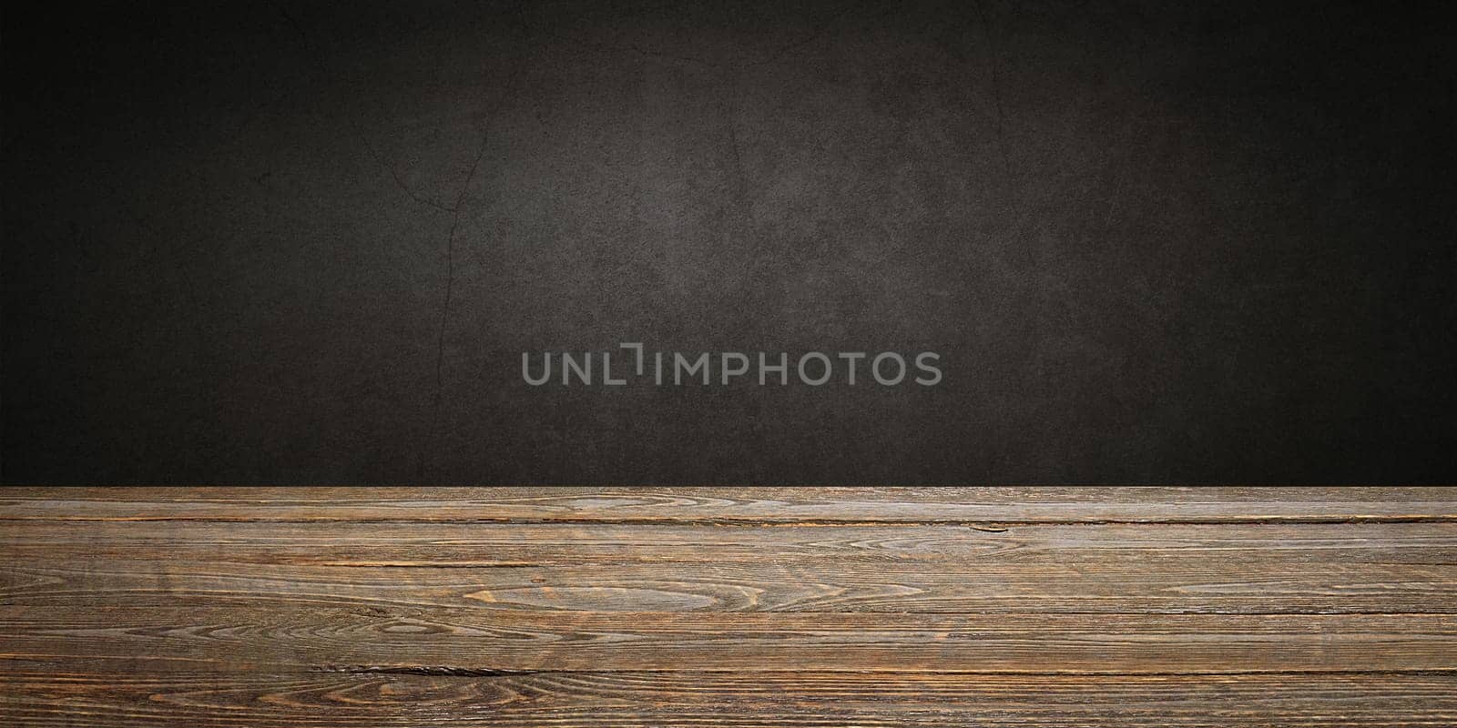 The background is blank wooden boards and a textured plastered wall with lighting and vignetting. For product demonstrations, free space, layout, mockup, perspective board, background board.