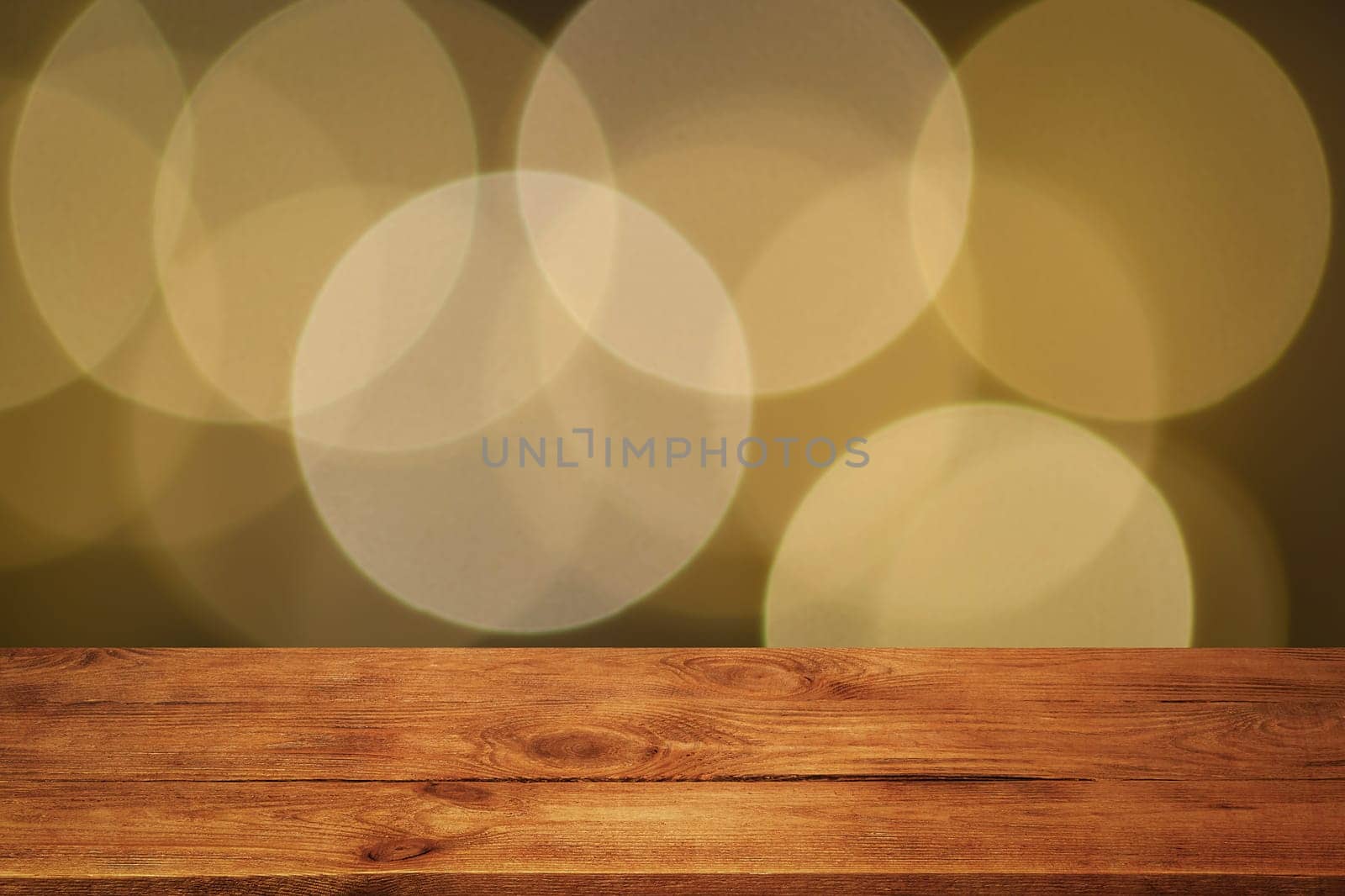 The background is an empty wooden board and a wall of blurred bokeh lights. For product demonstrations, free space, layout, mockup, perspective board, background board.