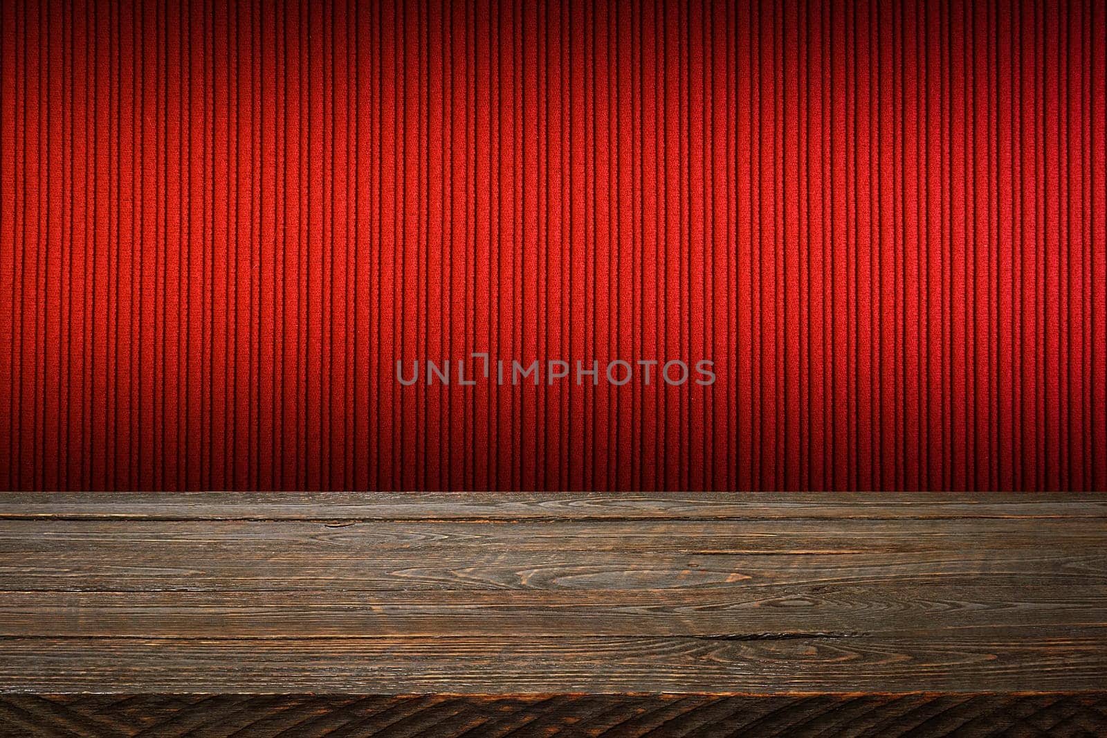 The background is blank wooden boards and a textured striped wall with gradient lighting and vignetting. For product demonstrations, free space, layout, mockup, perspective board, background board.
