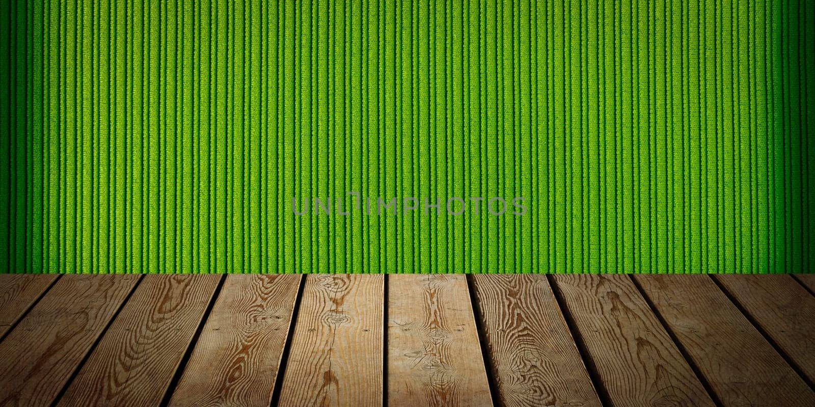 The background is blank wooden boards and a textured striped wall with gradient lighting and vignetting. For product demonstrations, free space, layout, mockup, perspective board, background board.