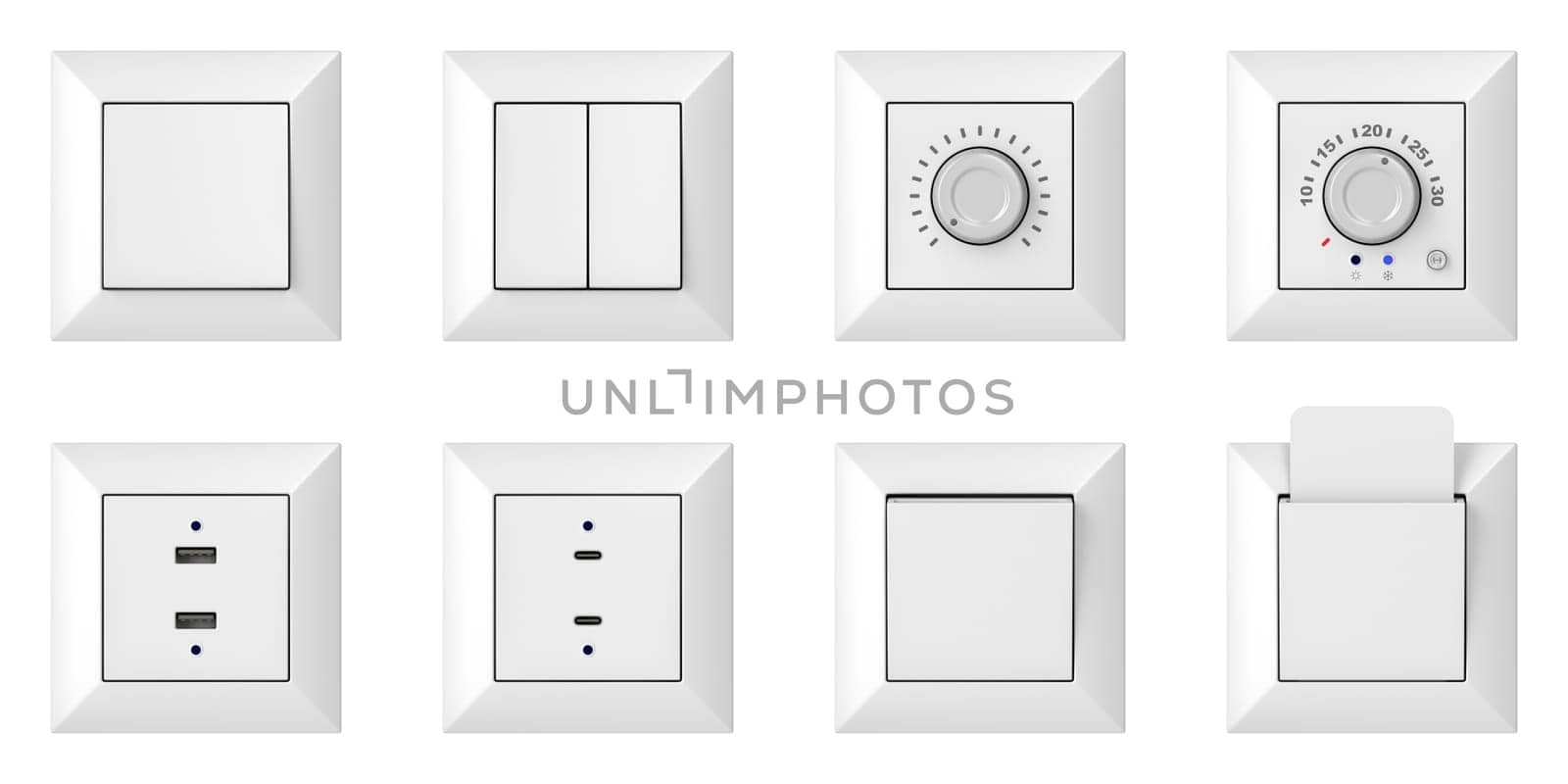Set of many wall light switches, USB sockets, analog thermostat and key card slot. Front view. Objects isolated on white background.