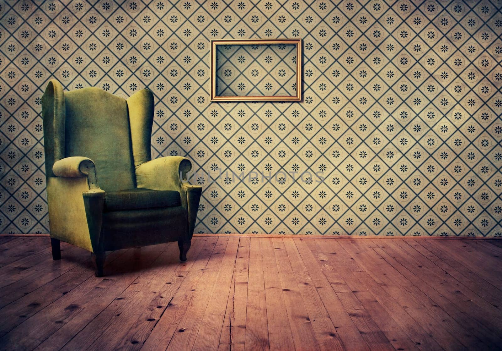Vintage room with wallpaper and old fashioned armchair