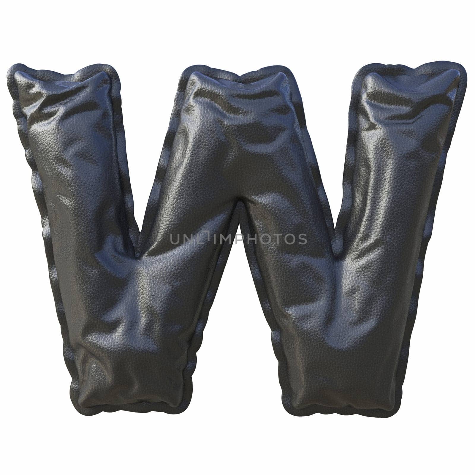 Black leather font Letter W 3D render illustration isolated on white background