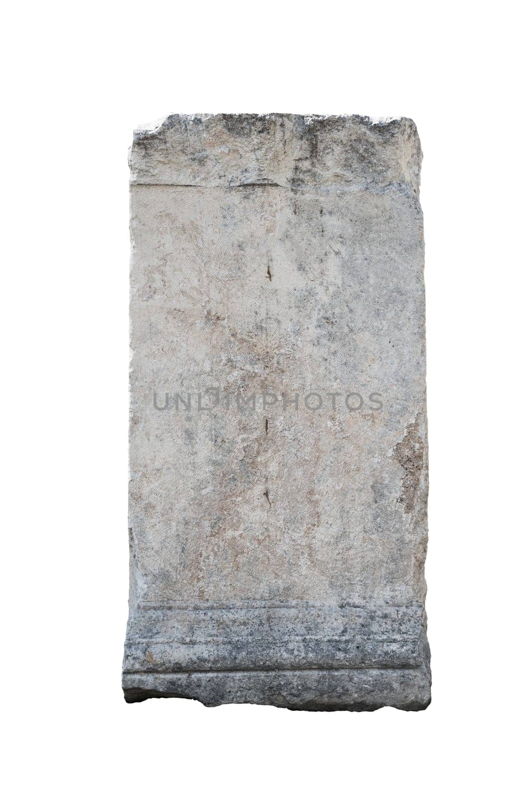 front view closeup of large square fragment of antique classical stone column with weathered texture isolated on white background