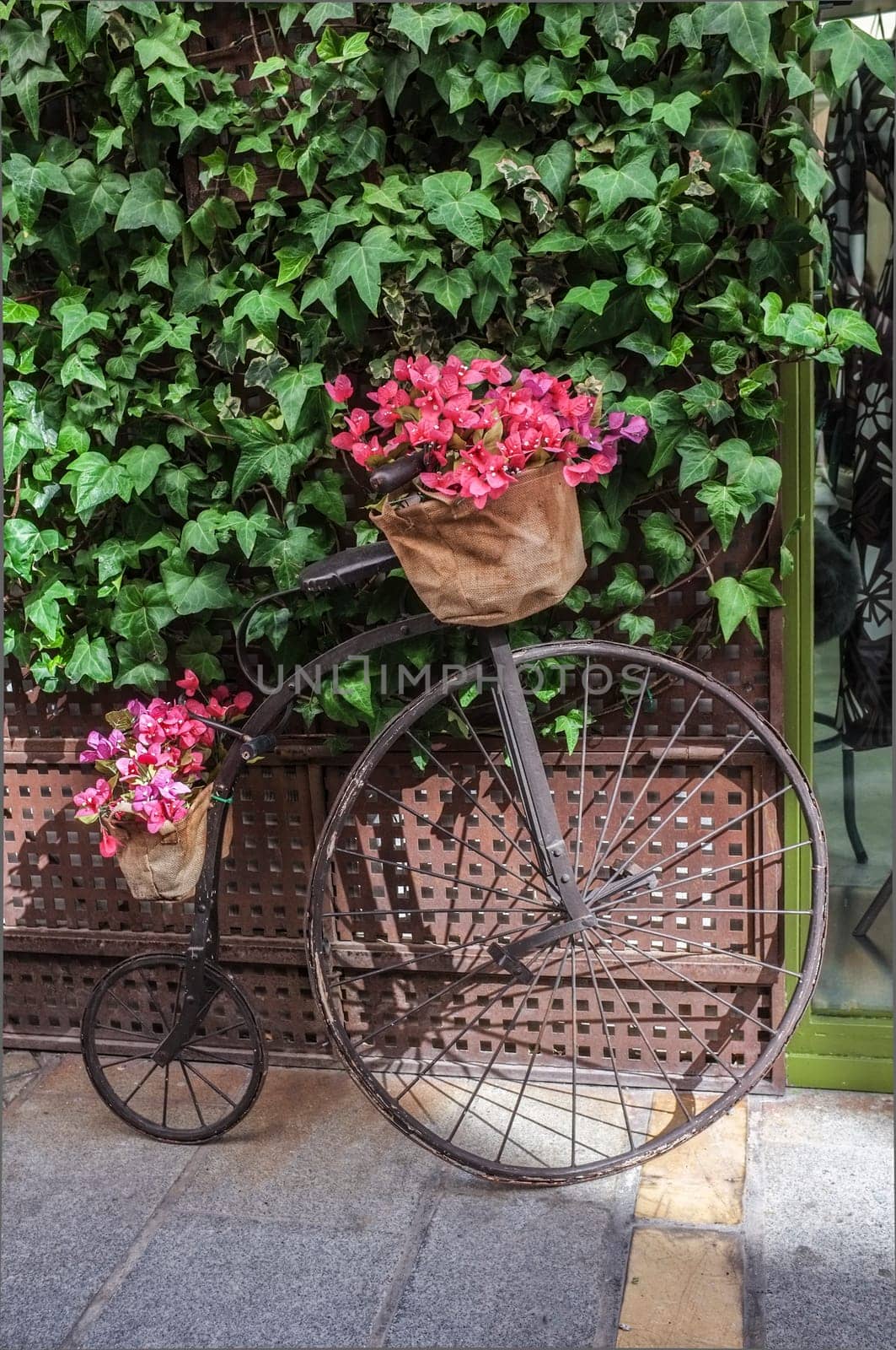 Black vintage bike decorated with pink flowers. Selective focus