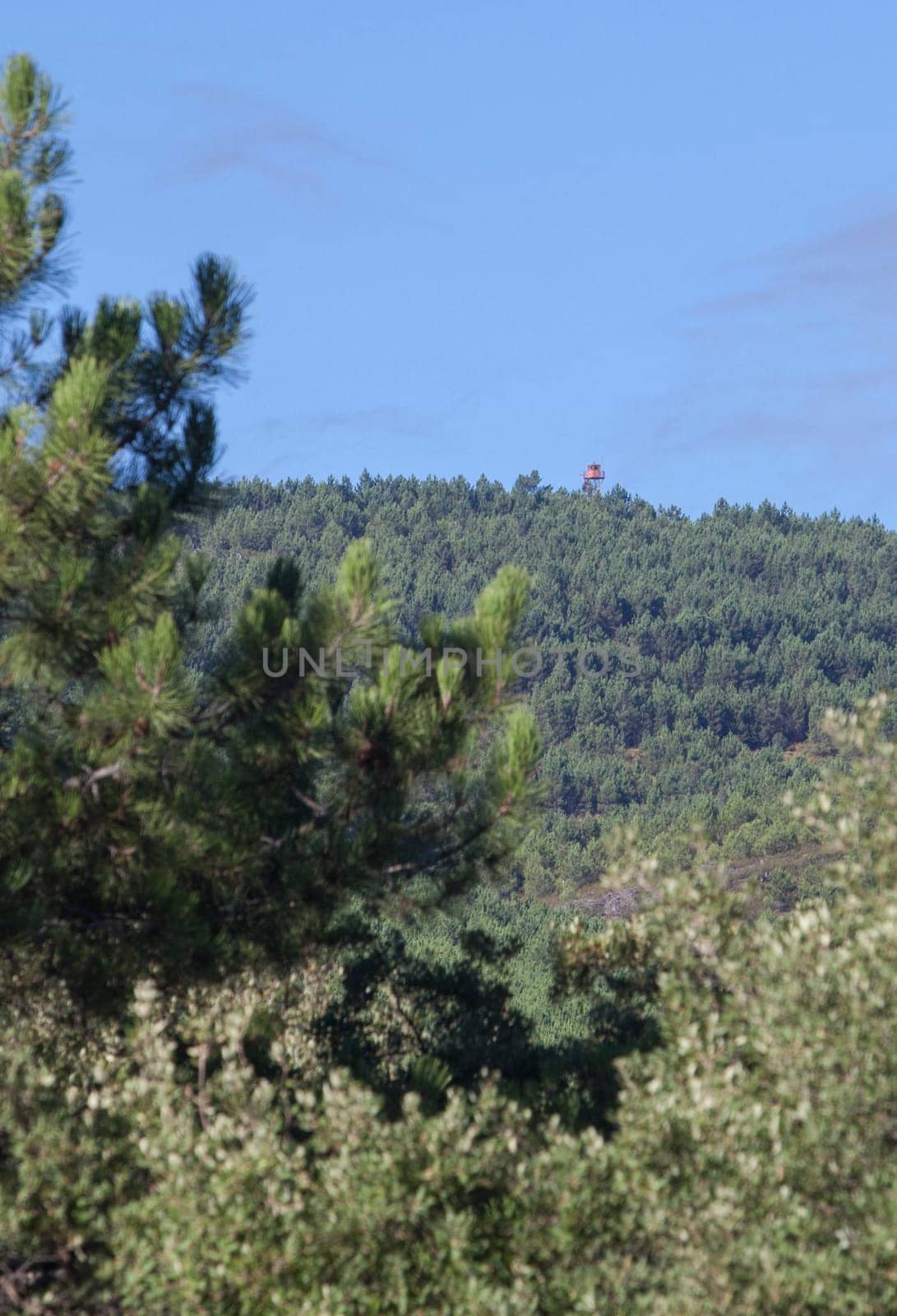 Fire lookout tower in forest of Sierra Fria. Valencia de Alcantara, Caceres, Extremadura, Spain