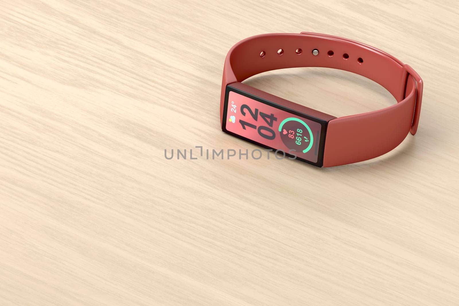 Modern fitness tracker on wooden desk