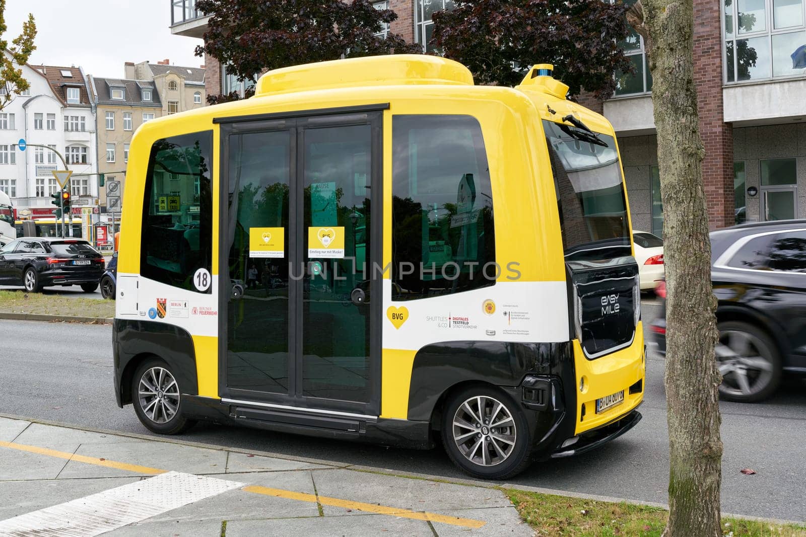 Self-driving autonomous bus as a project of BVG (Berliner Verkehrsbetriebe) in the test phase in the Berlin district of Tegel
