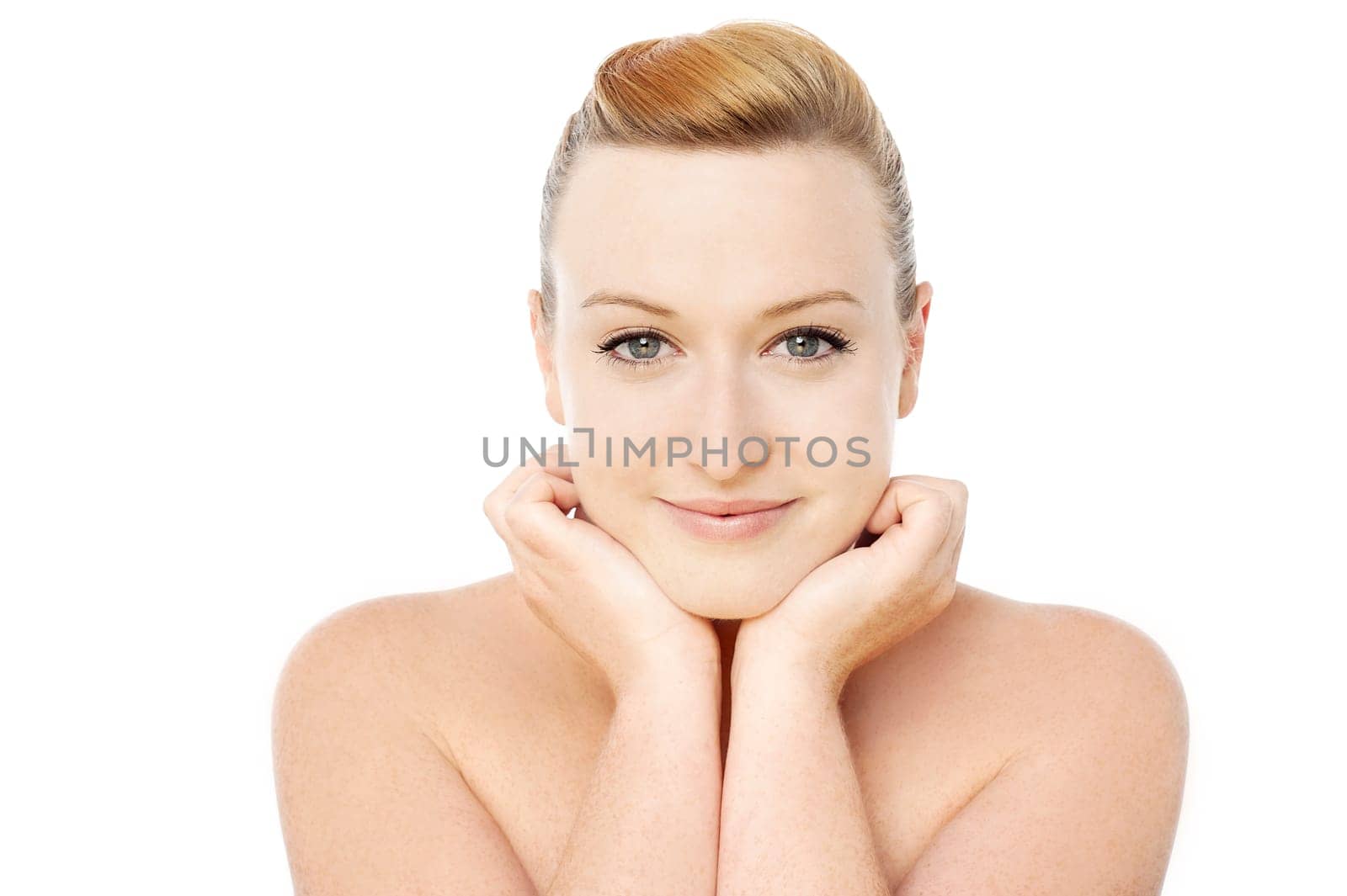 Topless woman posing with hand on her chin