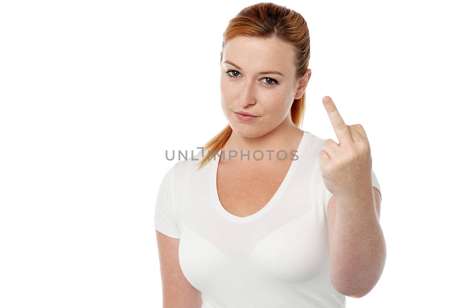 Young woman making fuck you gesture