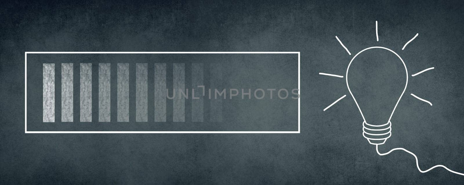 Loading sign and a lightbulb drawn on a chalkboard, brainstorming for new ideas, dark texture