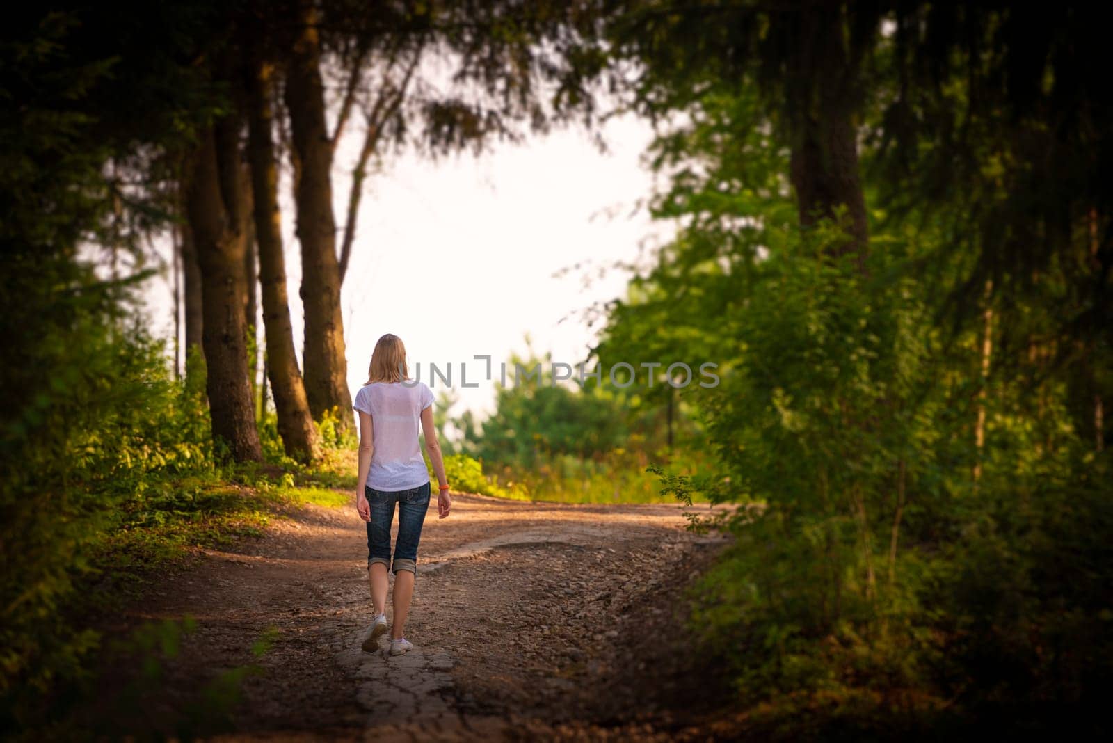 Young woman walking in summer forest in Russia.