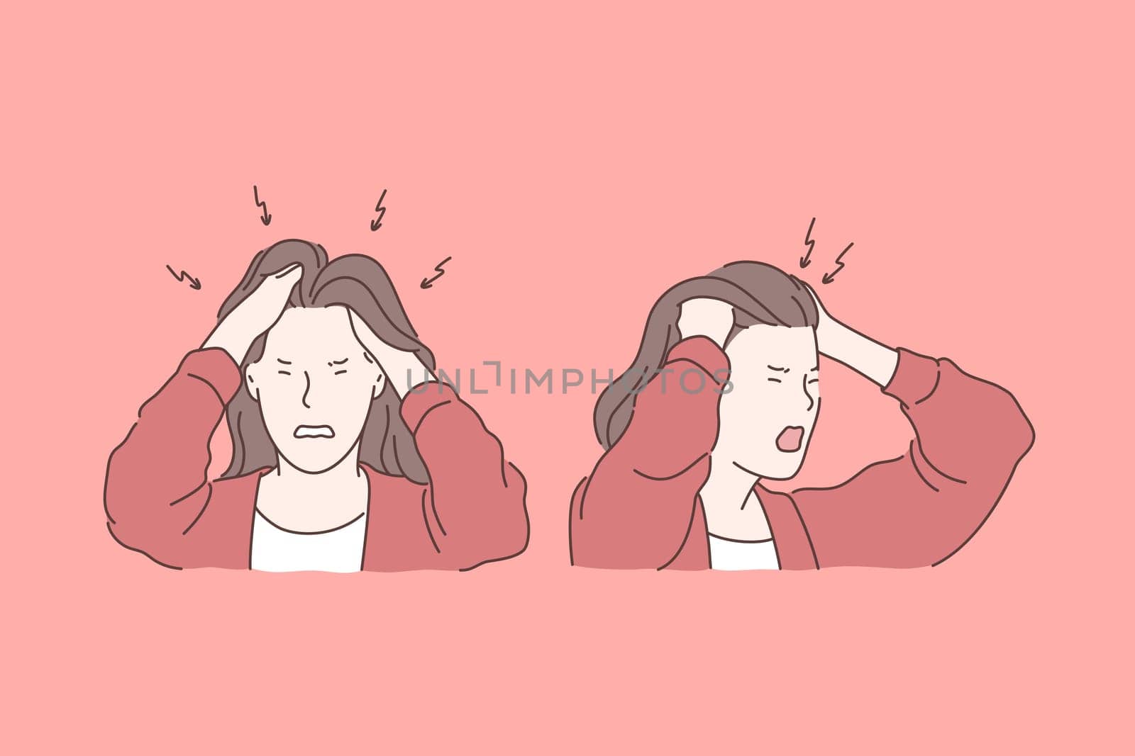 Irritation, headache, stress, tragedy set concept. Young irritated woman has tragedy and strong headache, holding her head. Headache causes raise of stress level and furious anger. Simple flat vector