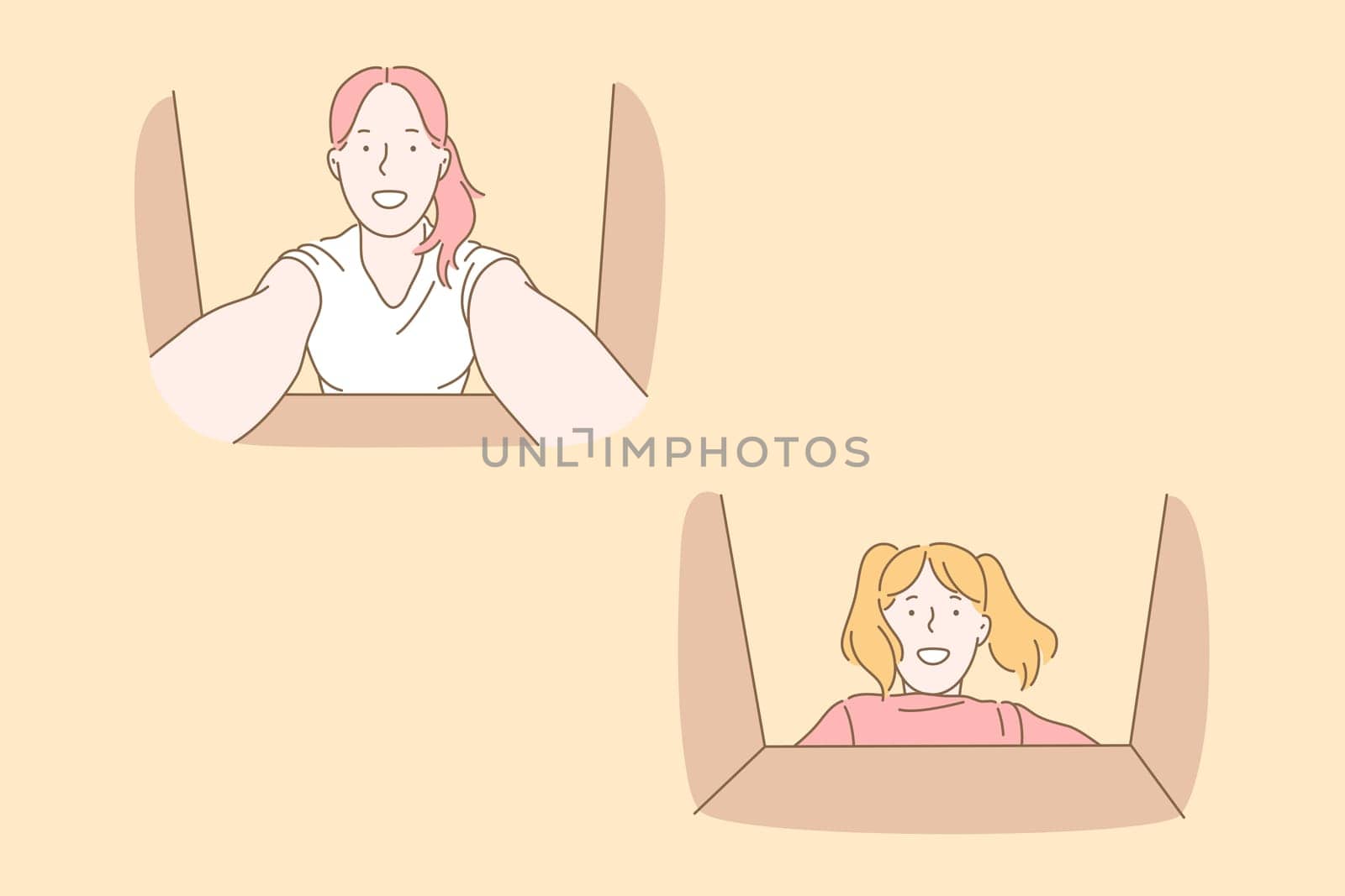 Holiday, gift, delivery, family set concept. Young, careful,attentive mother puts holidays gift in box. A daughter finds parcel with surprise inside. Family holidays bring joy. Simple flat vector