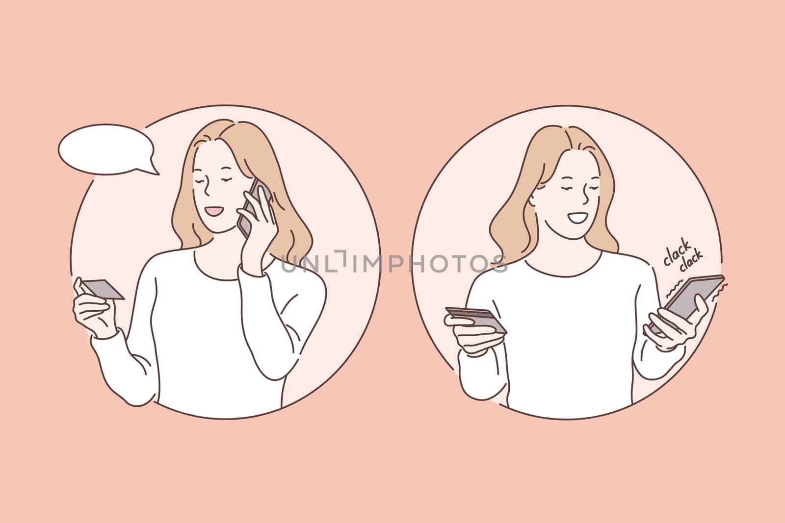 Success, transaction, communication, business set concept. Young woman buyer makes online payment. Happy girl use credit card to buy goods. Online payment ended with success. Simple flat vector
