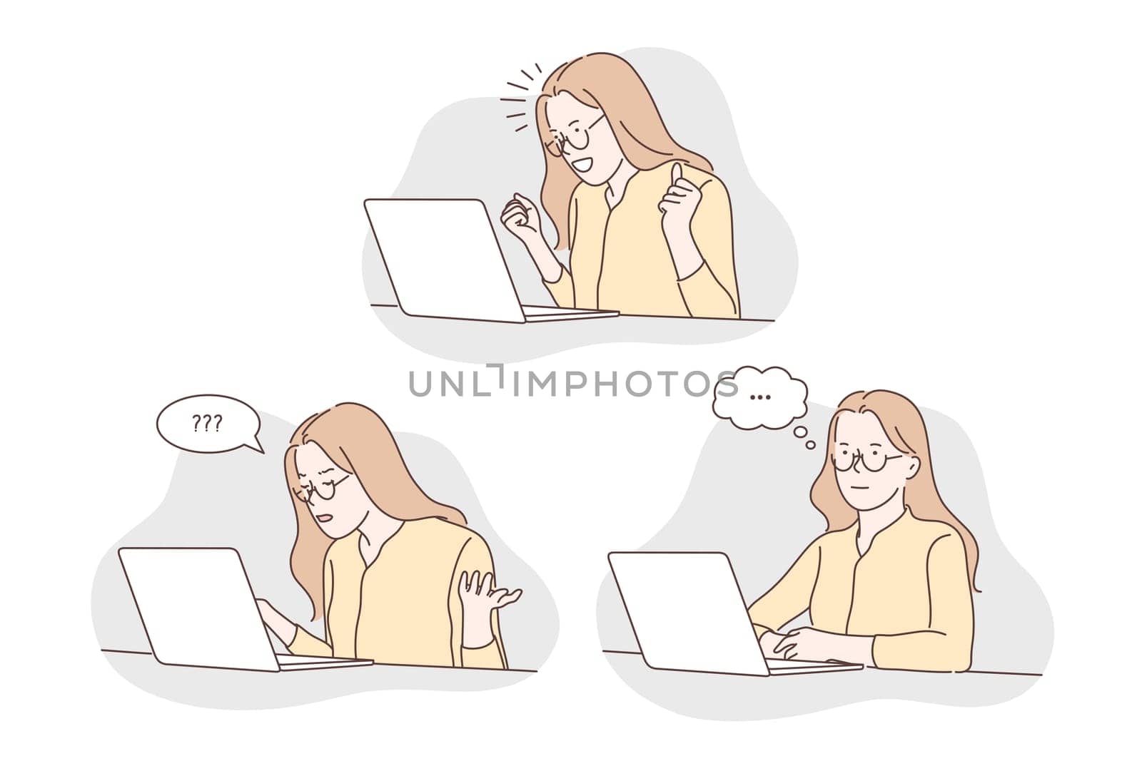 Question, thinking, success set concept. Young successful woman has question while working on laptop. Freelancer is thinking about her work. Girl communicates in social media. Simple flat vector