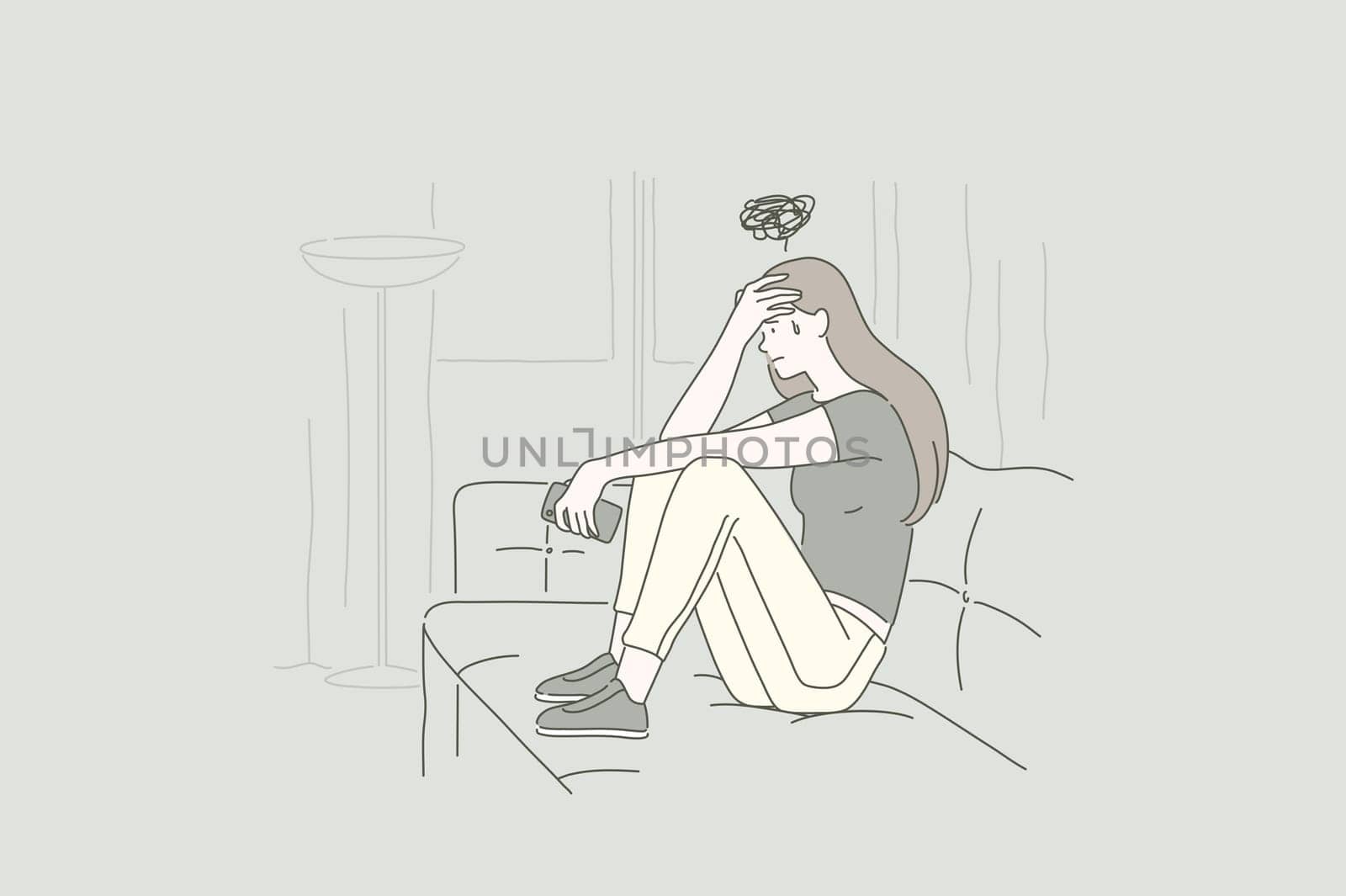 Concept of a young upset woman. Desperate girl frustrated by problem with work or relationships, feeling anxiety and disappointment, psychological trouble , having loneliness. Cartoon flat Design Isolated Vector illustration