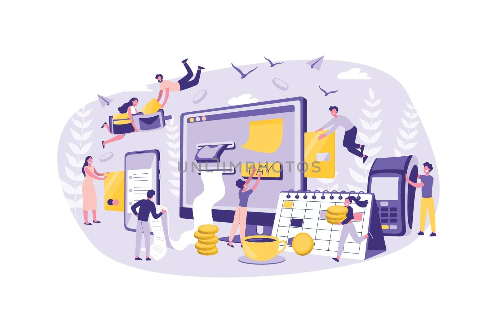 Business Concept Online Payment, Bills. Group of Clerks Improves the Work of Money Transfers. Teamwork of Businessmen at Office. Cartoon Flat Design, Isolated Vector Illustration