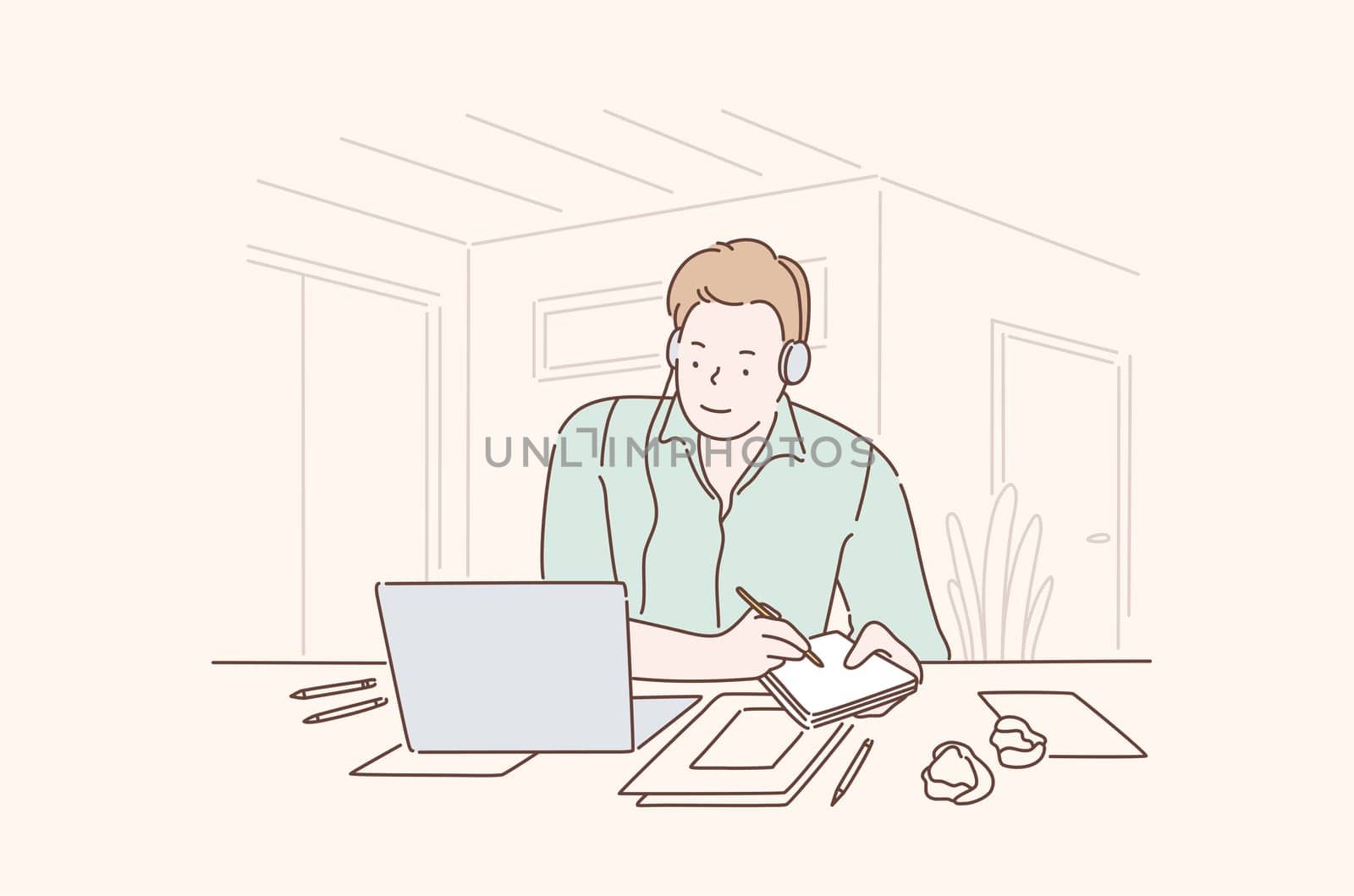 Young, enthusiastic, busy, creative person satisfied with their work, success in Business or Career growth. Promising Businessman at the office concept. Cartoon flat Design Isolated Vector illustration
