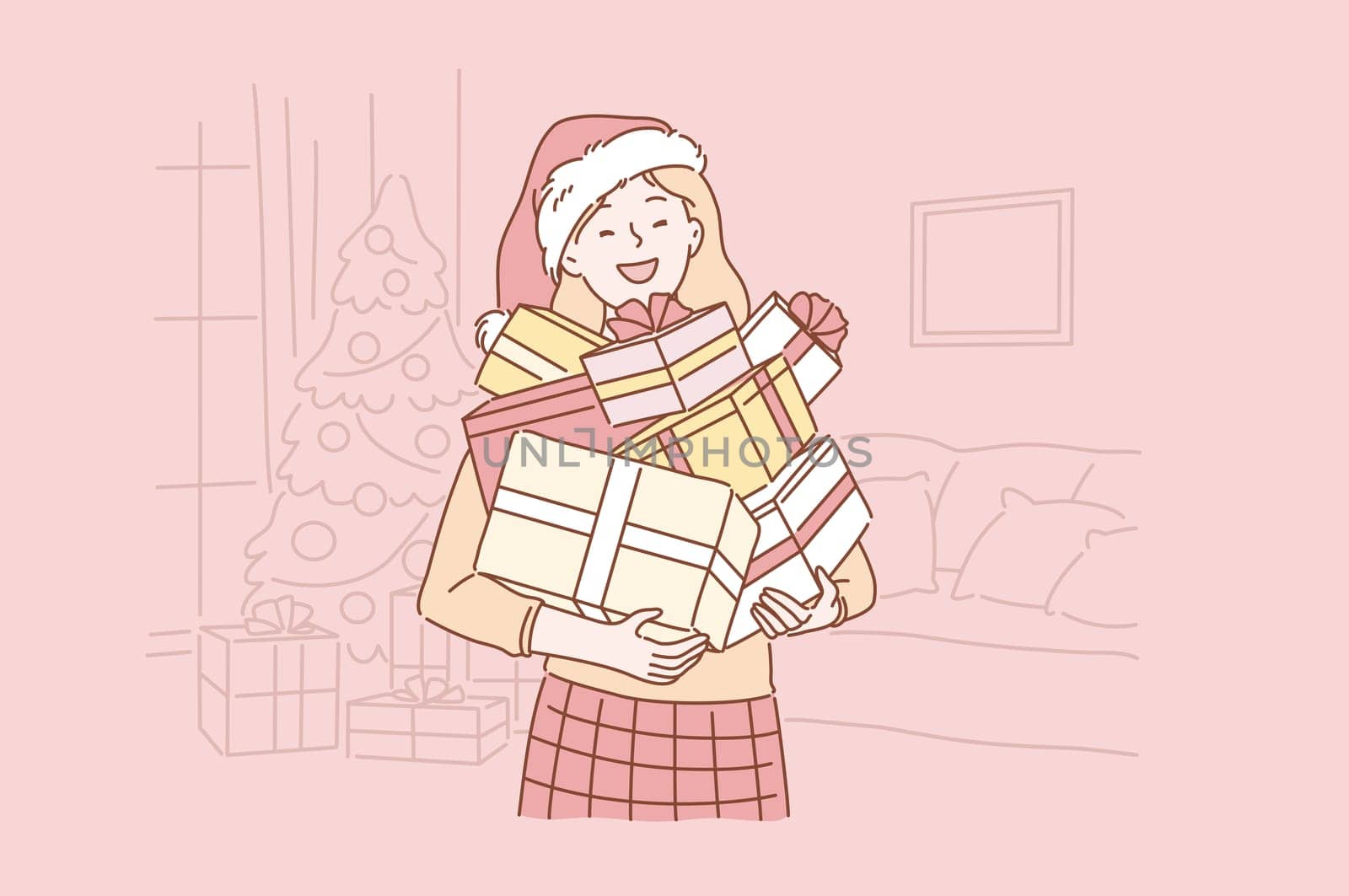 Positive, successful, emotional Santa girl concept. Young, happy woman or teenager in a Santa hat keeps boxes of gifts at home for Christmas or New year. Cartoon flat Design Isolated Vector illustration