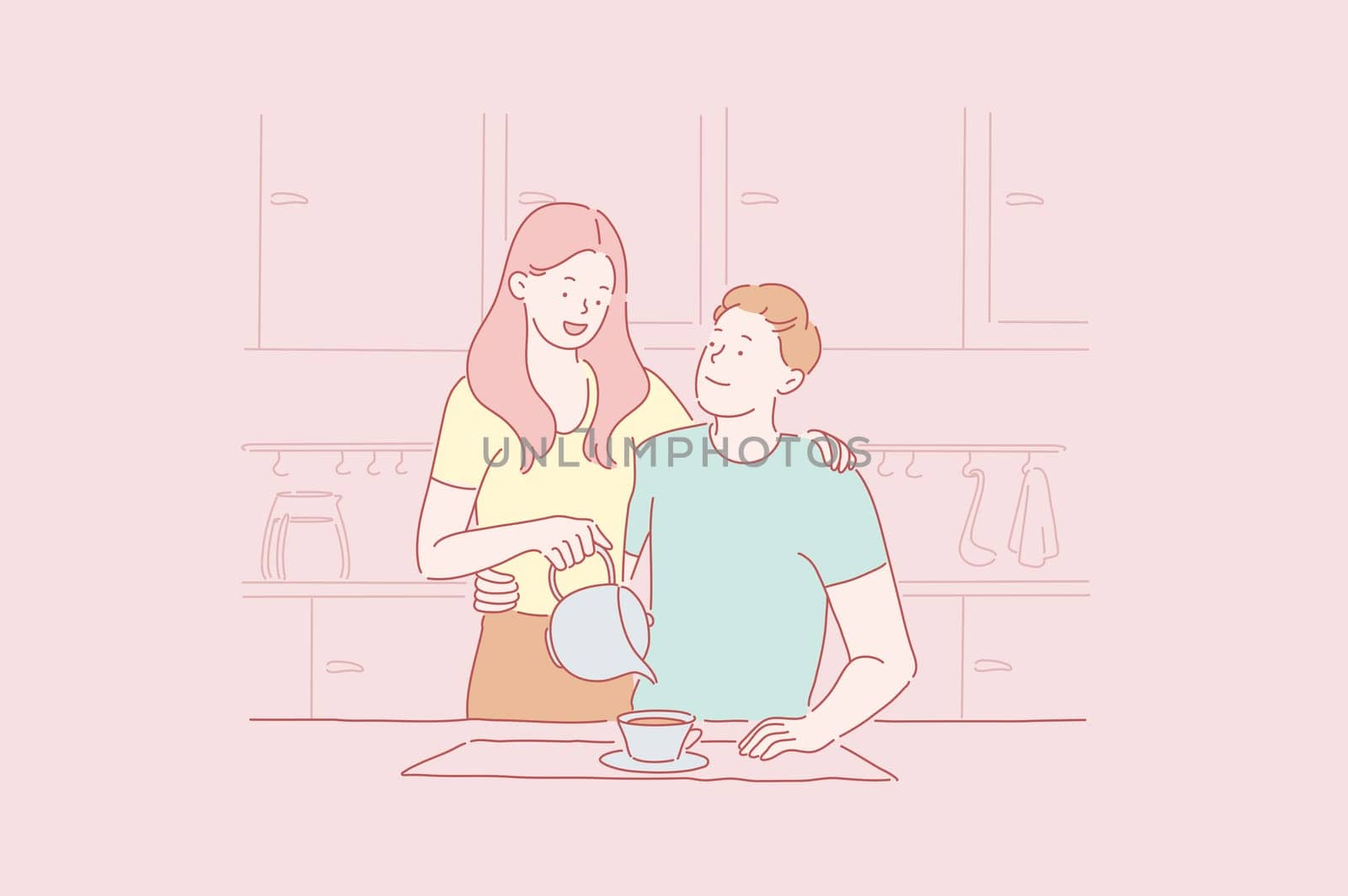Concept of Breakfast for a couple in love. Young beautiful man and woman hug each other with tender view eating in the kitchen. Cartoon flat Design Isolated Vector illustration