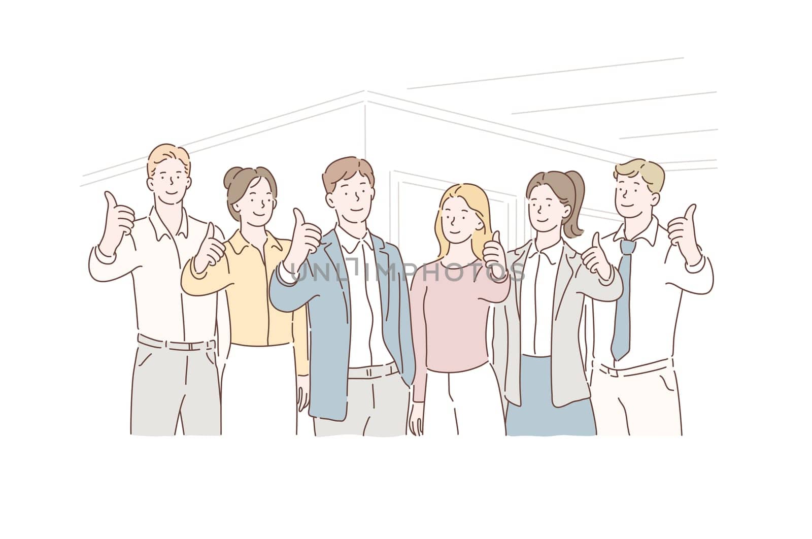 Business Concept Successful Teamwork, partners. Clerks with leaders showing thumbs up looking at camera. Team of competent profisional offer the best service, work, human resources. Cartoon flat Design Isolated Vector illustration