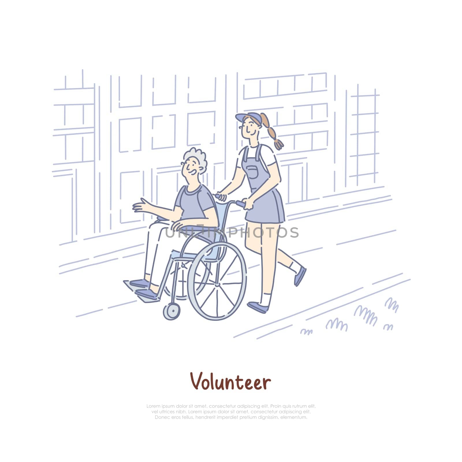 Smiling female volunteer helping old man in wheelchair, elderly assistance, philanthropy, nursing service banner. Volunteering, social charity concept cartoon sketch. Flat vector illustration