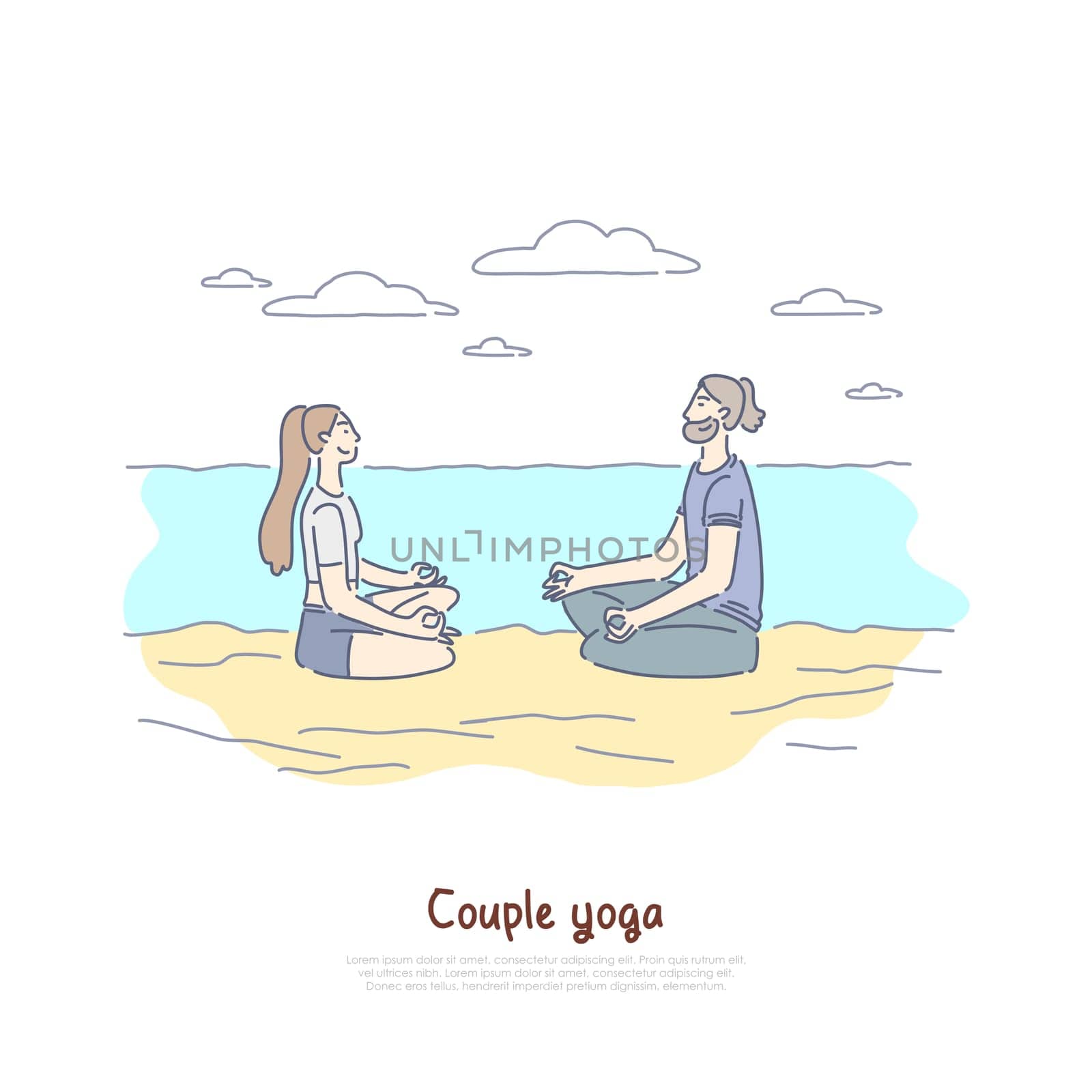 Man and woman sitting in lotus pose on beach, relaxation exercise, couples yoga class, healthy lifestyle banner. Husband and wife meditating together concept cartoon sketch. Flat vector illustration