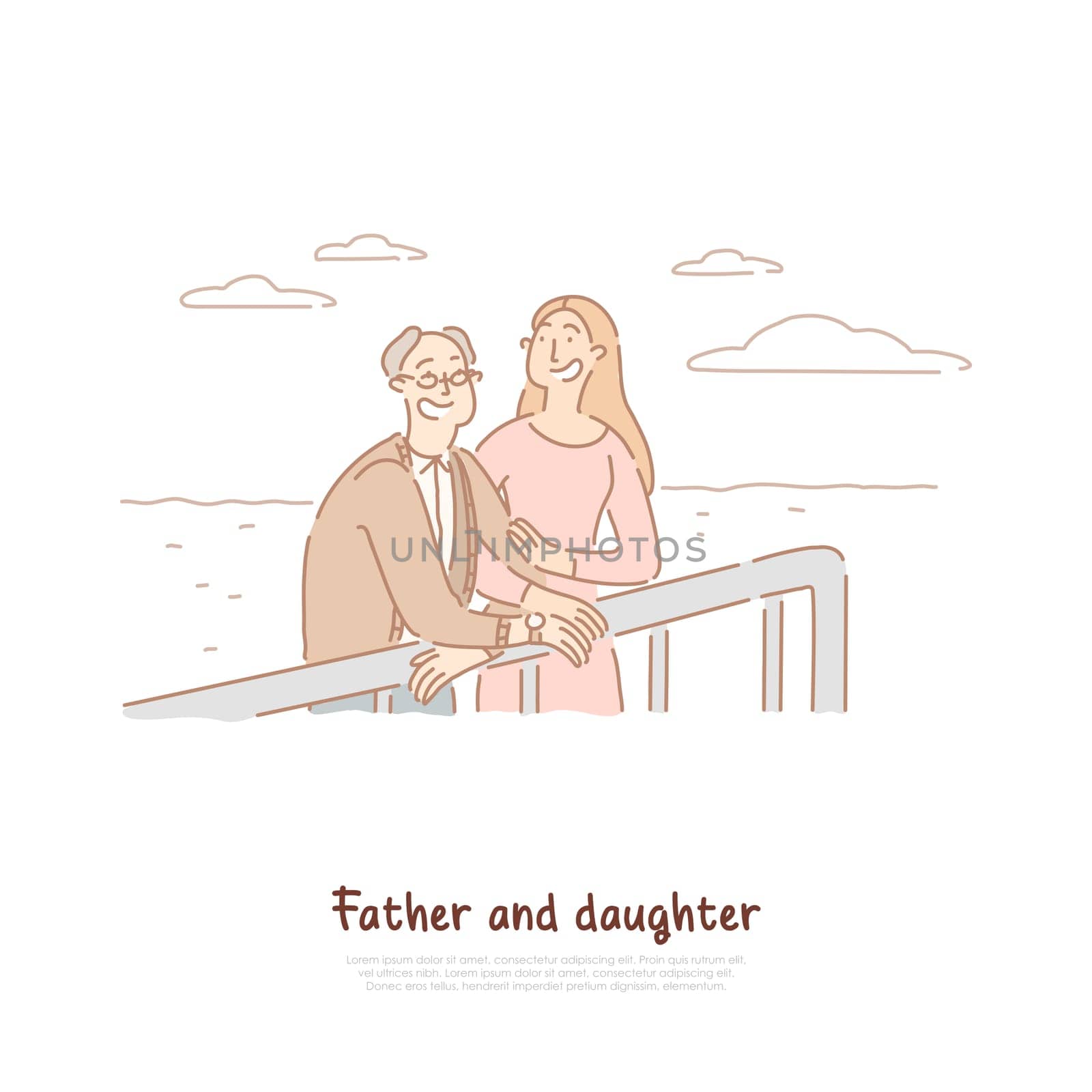 Old father and adult daughter spend time together, young woman and retired man, happy family relationship banner. Fatherhood, Father day celebration concept cartoon sketch. Flat vector illustration