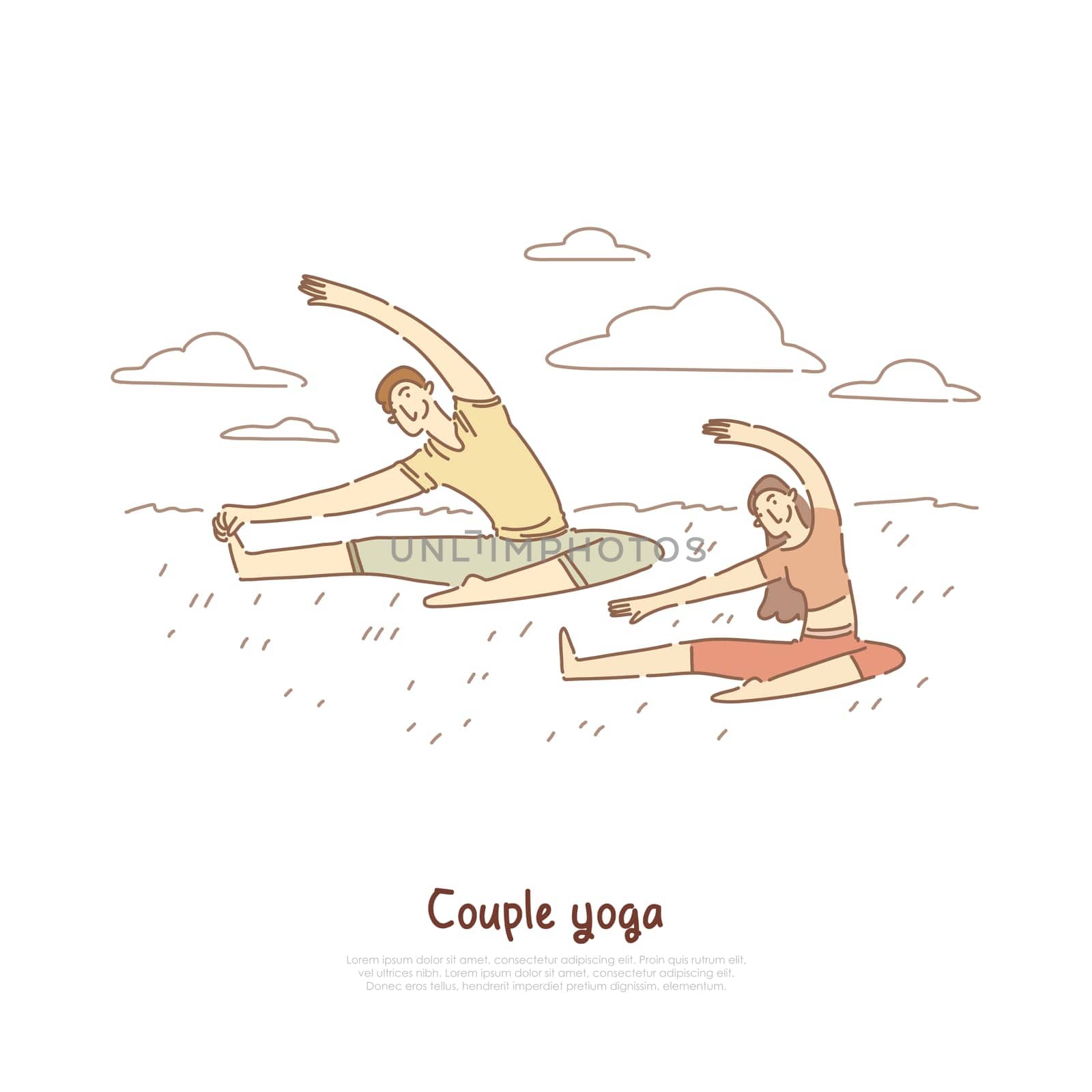 Husband and wife doing gymnastics together, fitness exercise outdoor, people in sportswear, healthy lifestyle banner. Couples yoga, pilates class concept cartoon sketch. Flat vector illustration