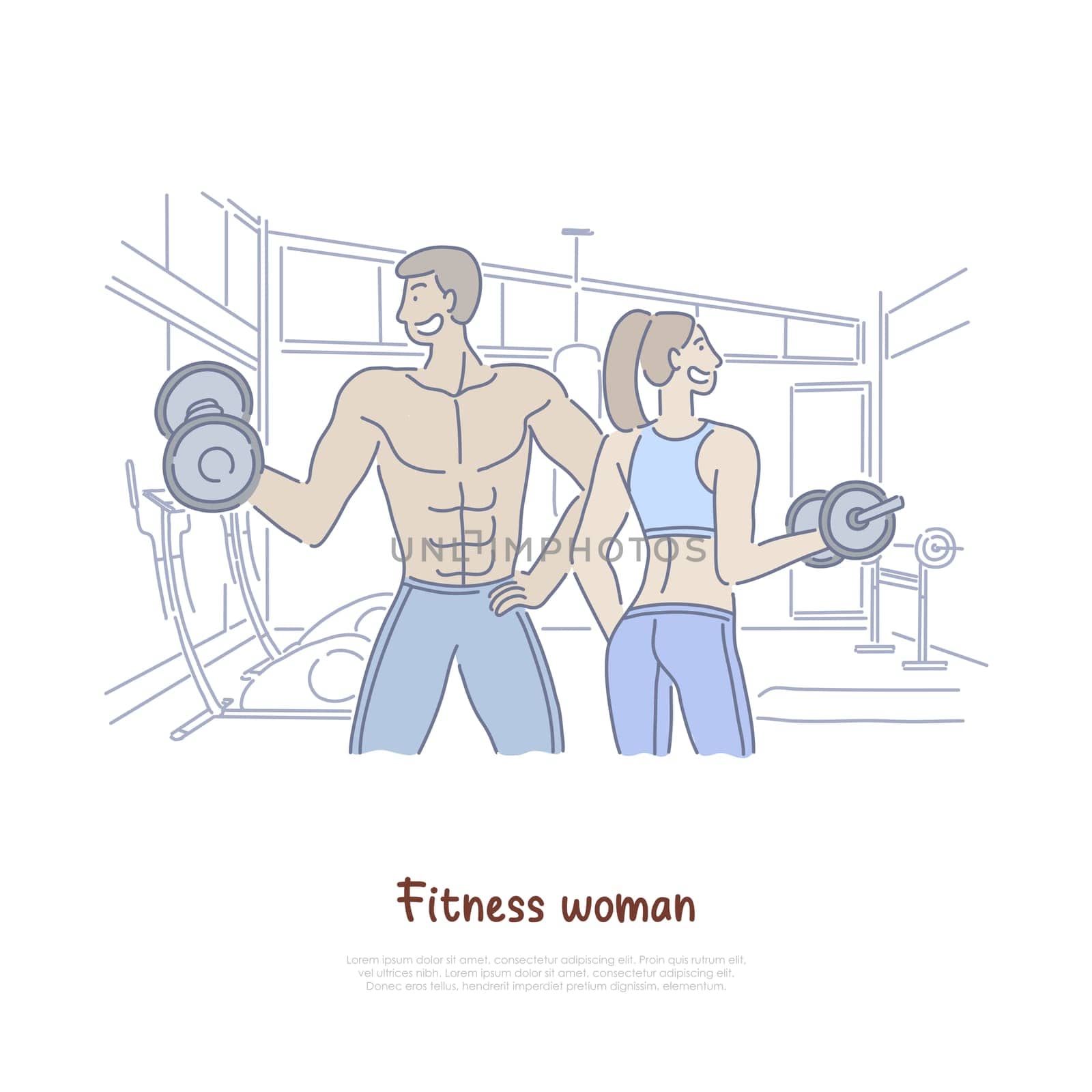 Man and woman working out in gym, bodybuilders couple lifting weight, dumbbells, fitness coaching service banner. Sport training, healthy lifestyle concept cartoon sketch. Flat vector illustration