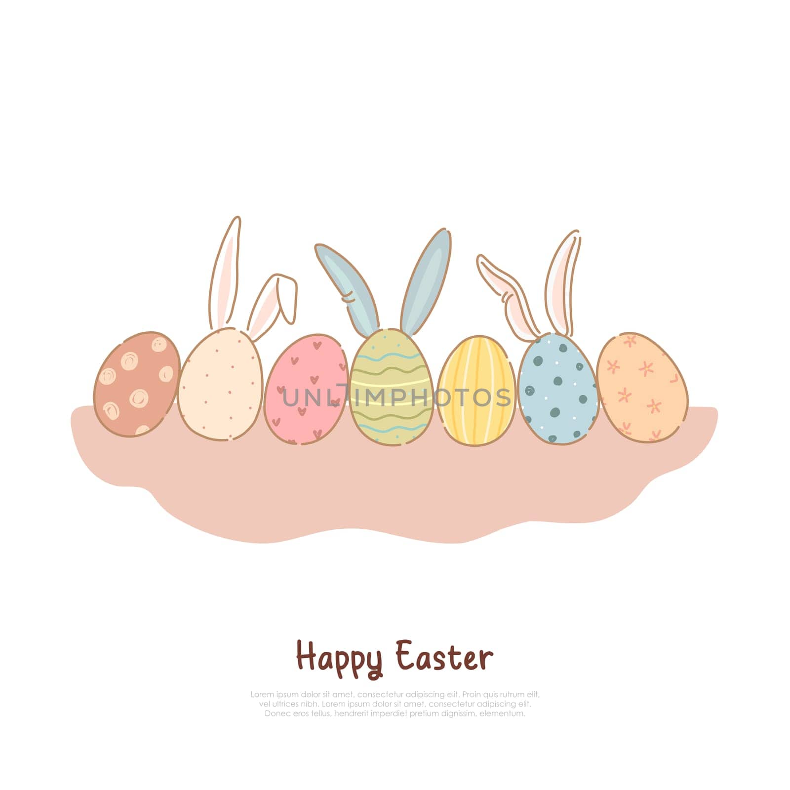 Colorful pysanka with decorative ornament and bunny ears, april holiday tradition, easter celebration banner. Decorated paschal eggs collection concept cartoon sketch. Flat vector illustration