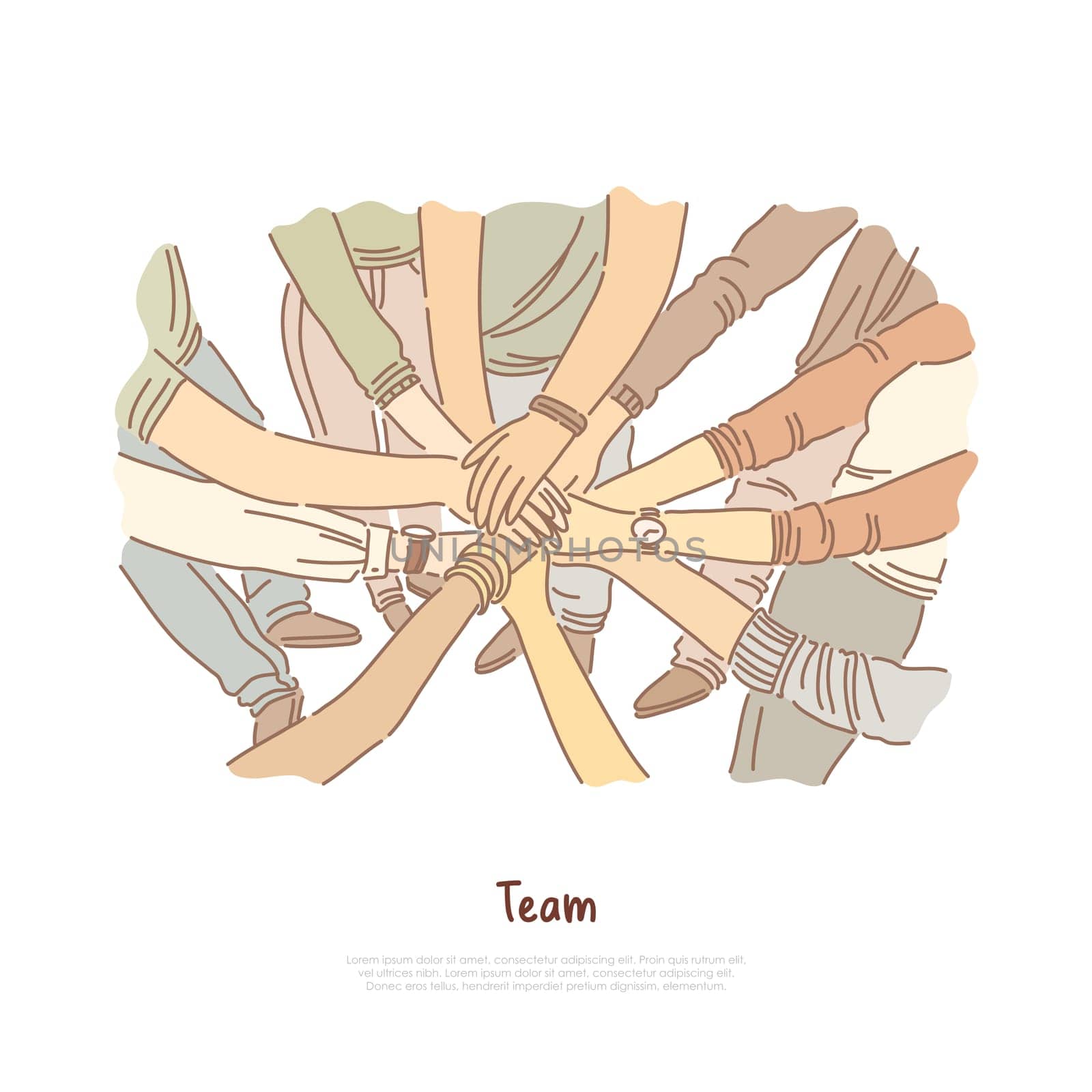 Hand stack, team bonding exercise, community cooperation, group unity, diversity, teamwork banner. Togetherness, people putting hands together concept cartoon sketch. Flat vector illustration