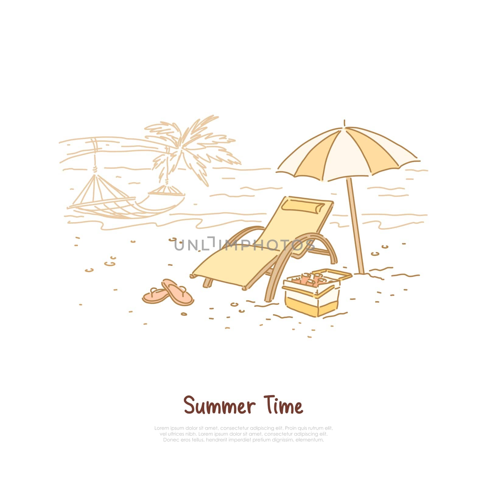 Holiday vacation, tropical beach with hammock on palm tree, umbrella, drinks in cooler bag, travel agency service banner. Summer time, paradise island concept cartoon sketch. Flat vector illustration