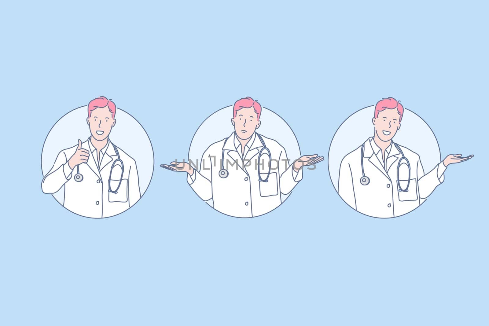 Like, question, promotion set concept. Young man doctor shows like. Happy guy therapist is making promotion or offer. Healthcare worker does not know answer on complicated question. Simple flat vector