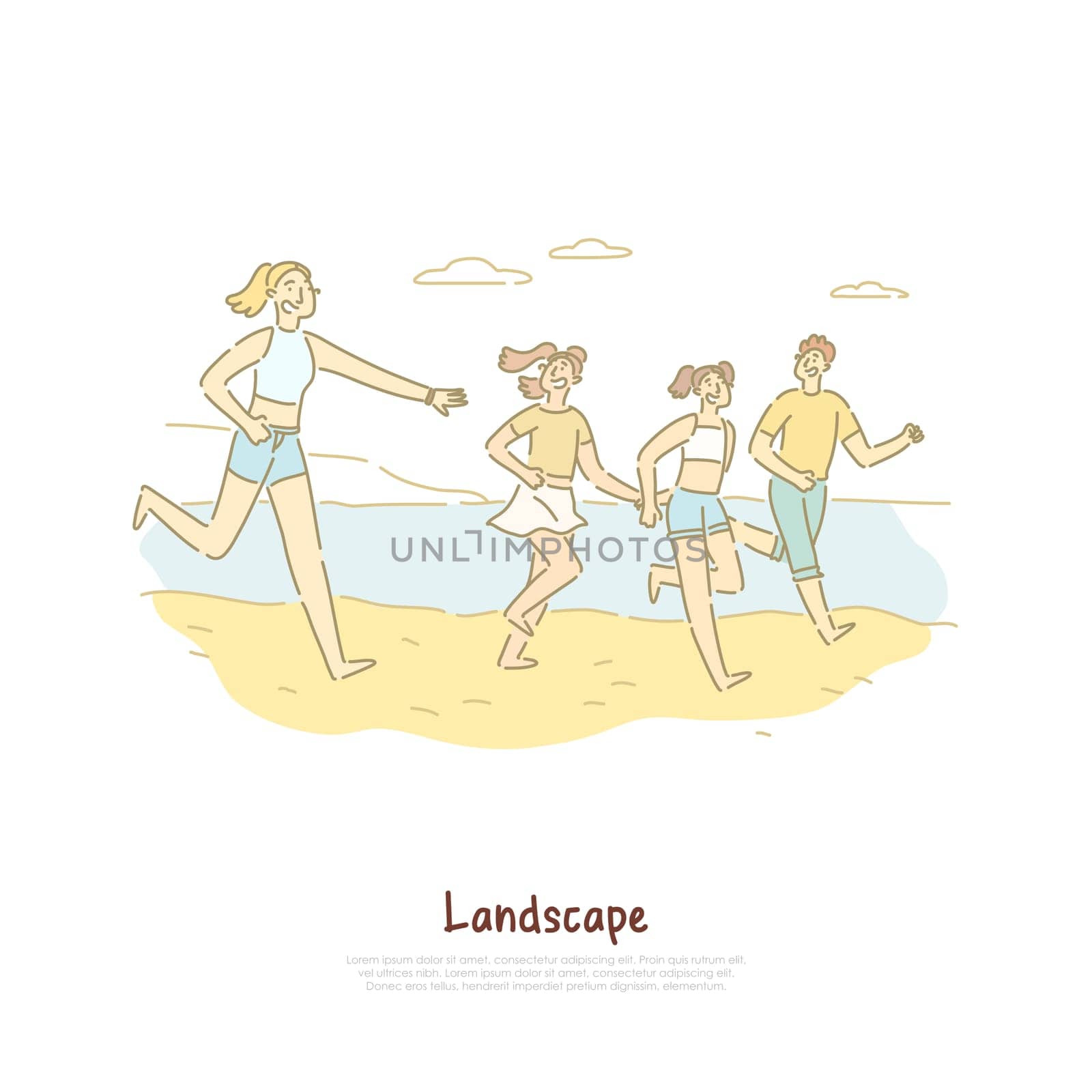 Happy people running on sea shore, friends travel to sand beach, landscape tourism, family vacation banner. Summer recreation, tropical resort concept cartoon sketch. Flat vector illustration