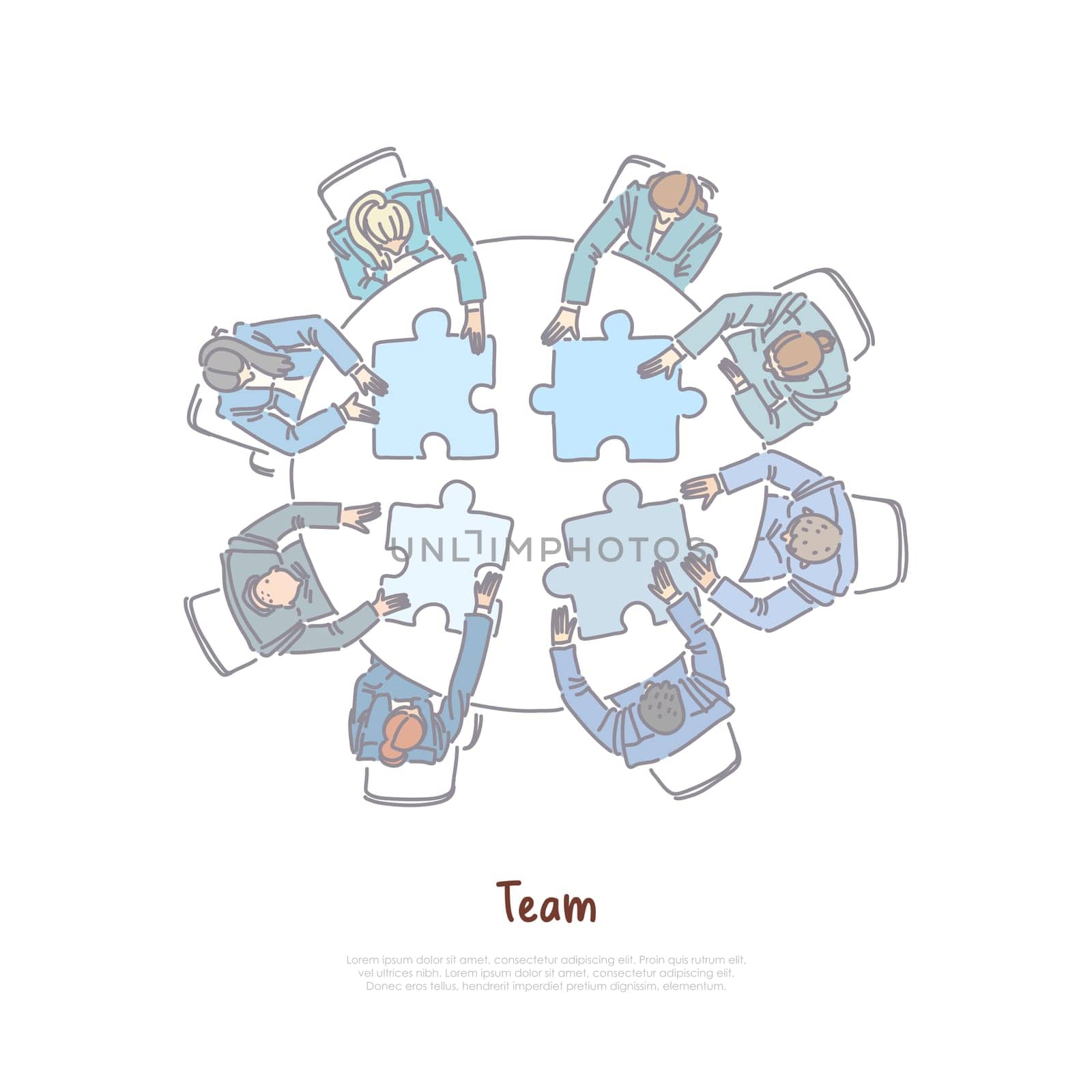 Colleagues assembling jigsaw puzzle, business cooperation, people work together, idea generation, brainstorm banner. Team building exercise, coworking concept cartoon sketch. Flat vector illustration