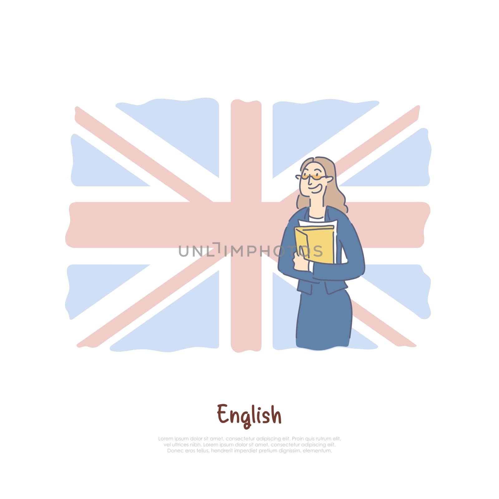 Teacher from Great Britain, native speaker on british flag background, student exchange program banner. Foreign language course, english classes concept cartoon sketch. Flat vector illustration