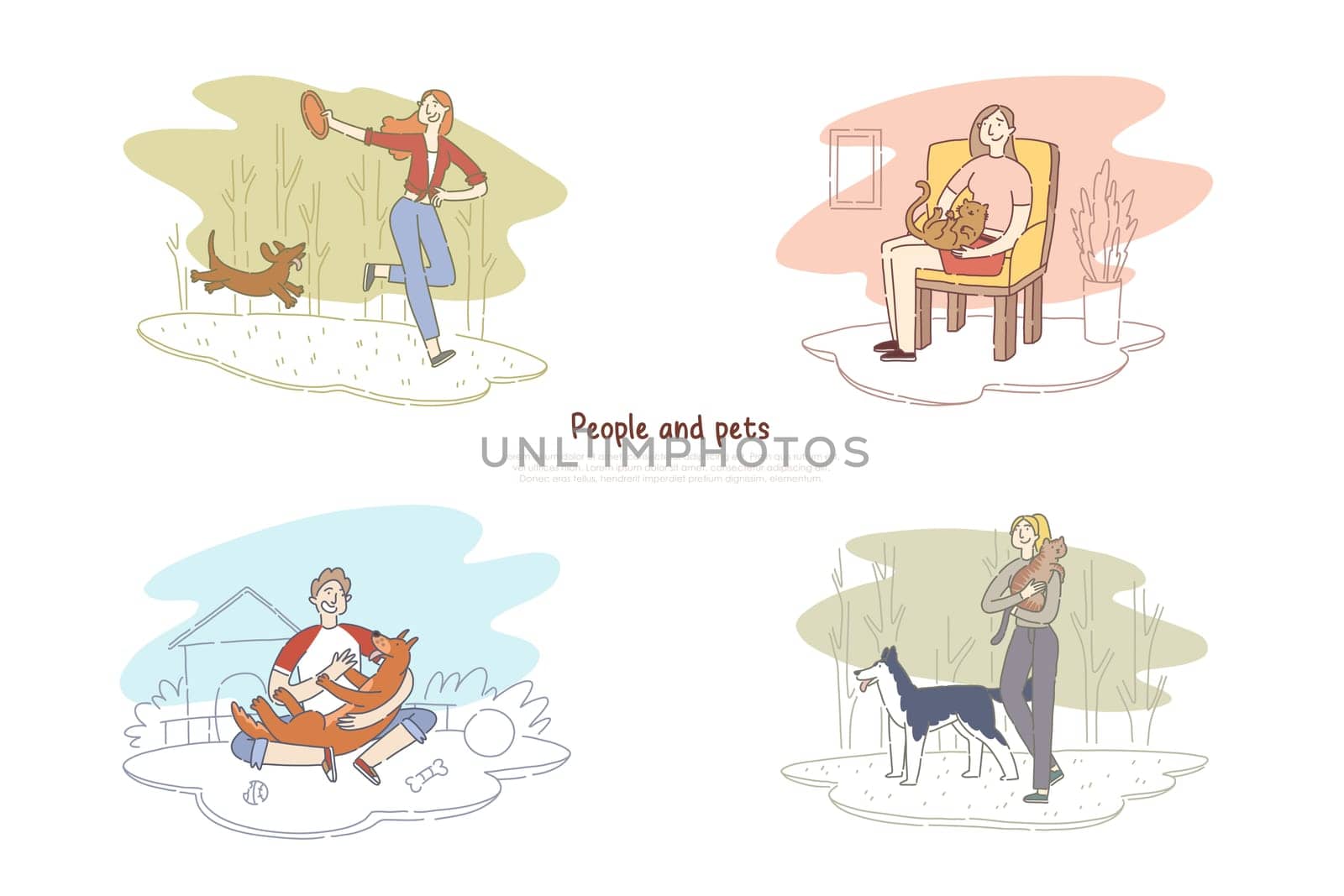 People and pets, man walking with dog, woman playing with cat, human and animals friendship banner template. Puppy, kitten with owner concept cartoon sketch. Flat vector illustration