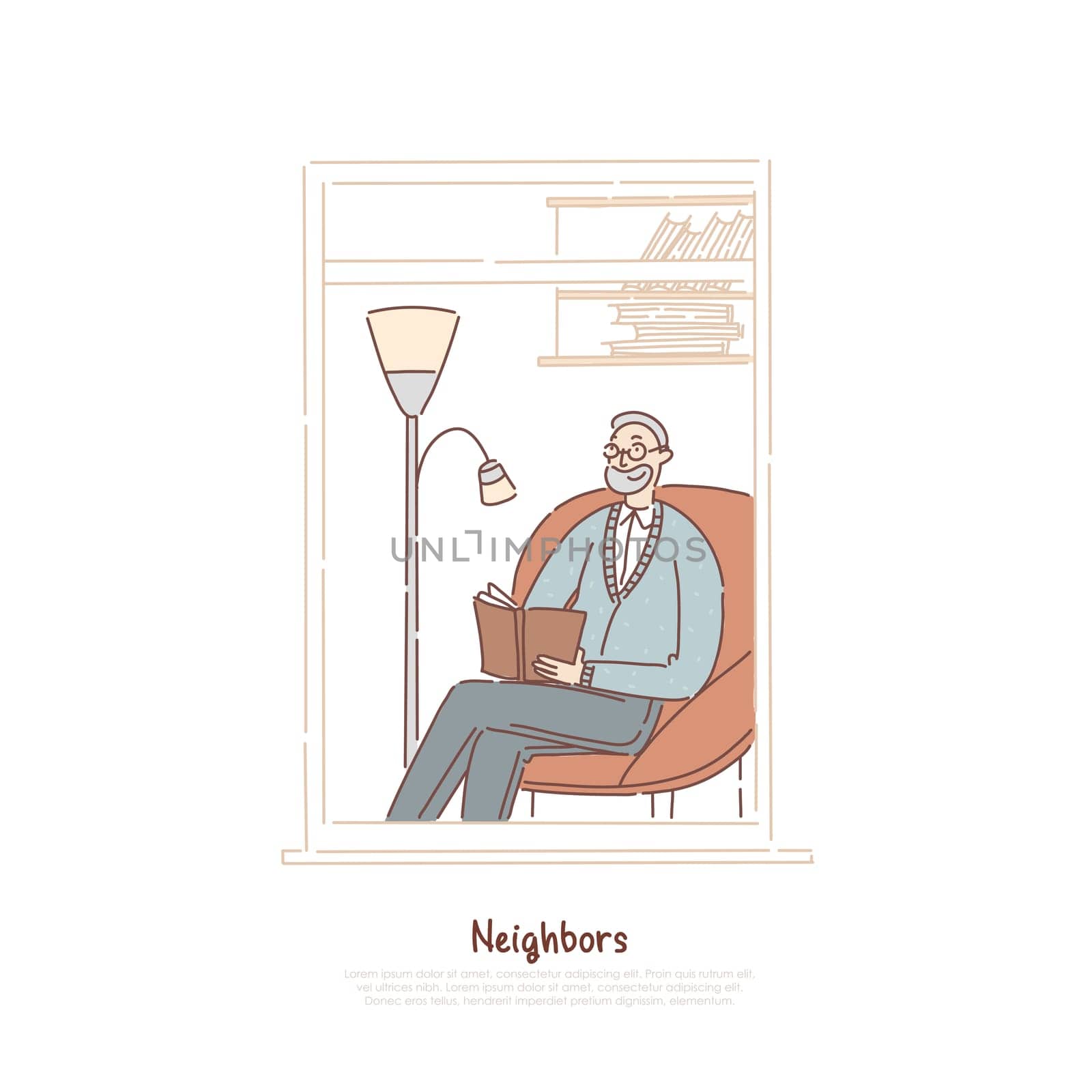 Senior man in window reading book, psychiatrist private office, grandfather neighbor sitting in armchair, making notes banner. Apartment building room concept cartoon sketch. Flat vector illustration