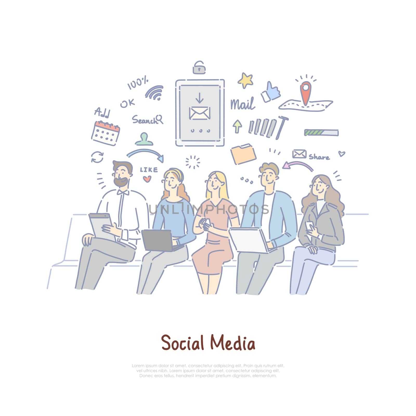 Friends communicating in digital space, internet technology, online chatting, social media addiction banner. People sitting with portable devices concept cartoon sketch. Flat vector illustration