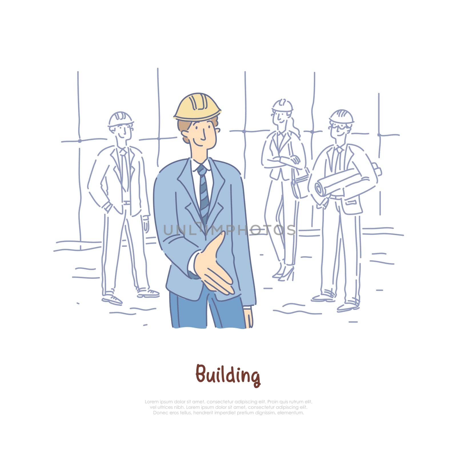 Building engineer, architects team, crew coworking, business partners, businessman giving hand for handshaking banner. Construction industry, project concept cartoon sketch. Flat vector illustration