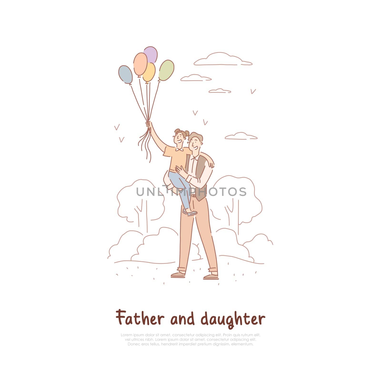Father day celebration, dad and daughter with balloons in park, family holiday, father and daughter pastime banner. Happy fatherhood, parental care concept cartoon sketch. Flat vector illustration