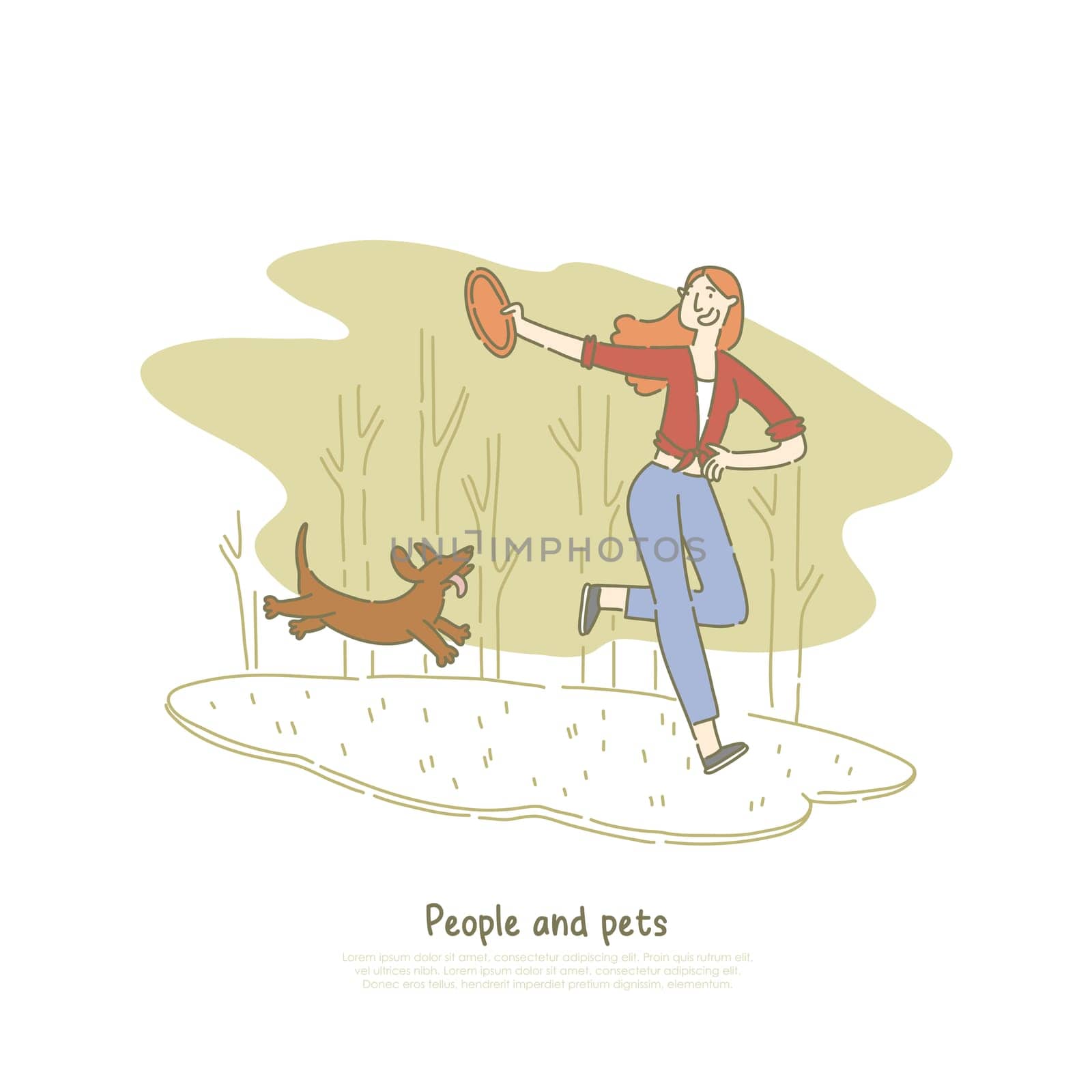 Woman playing with dachshund dog, girl throwing toy for puppy, pet and owner running, walking in park banner template. Human and animal friendship concept cartoon sketch. Flat vector illustration