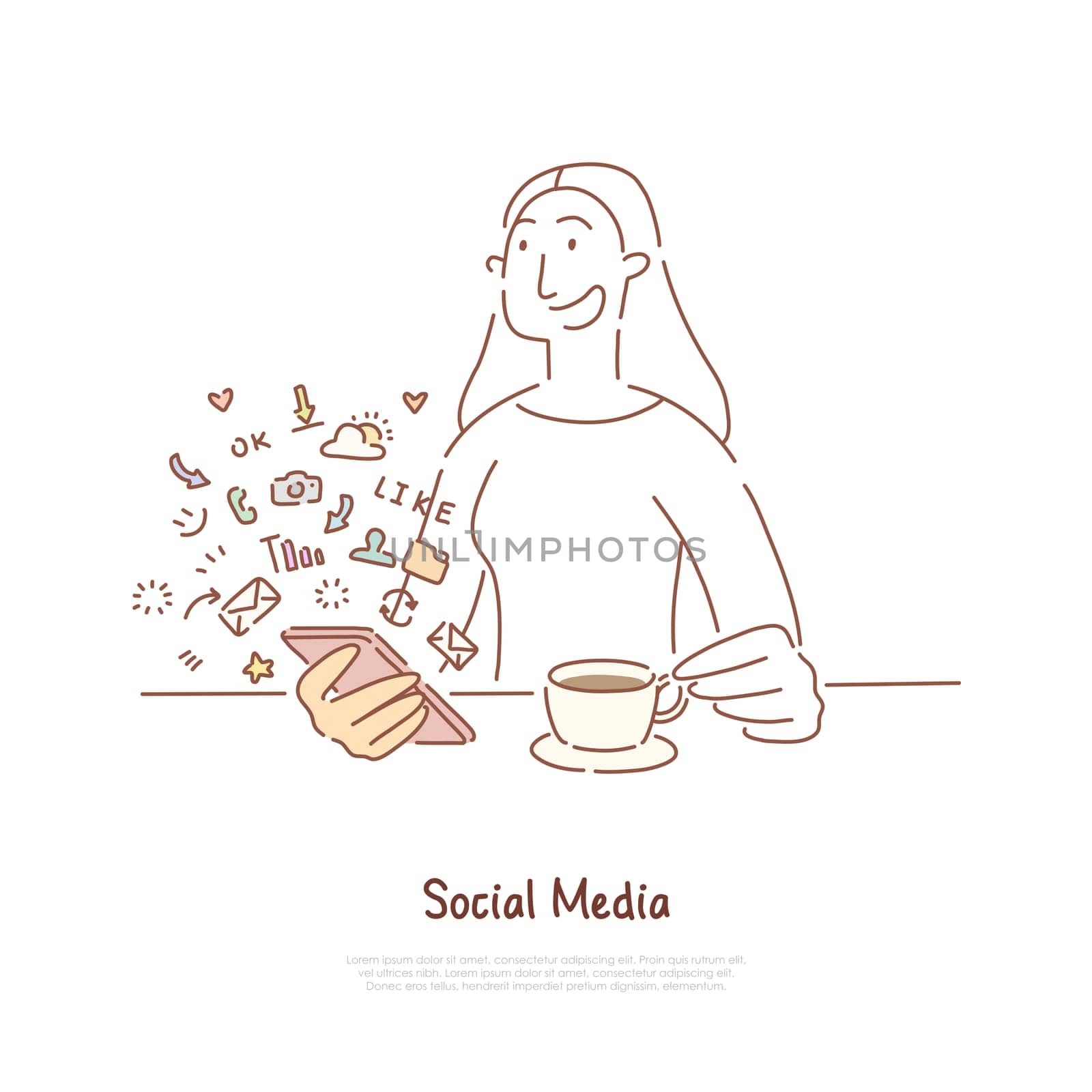Young woman drink tea and chatting, hot beverage and social media, online communication, trendy leisure banner. Cheerful girl holding smartphone concept cartoon sketch. Flat vector illustration