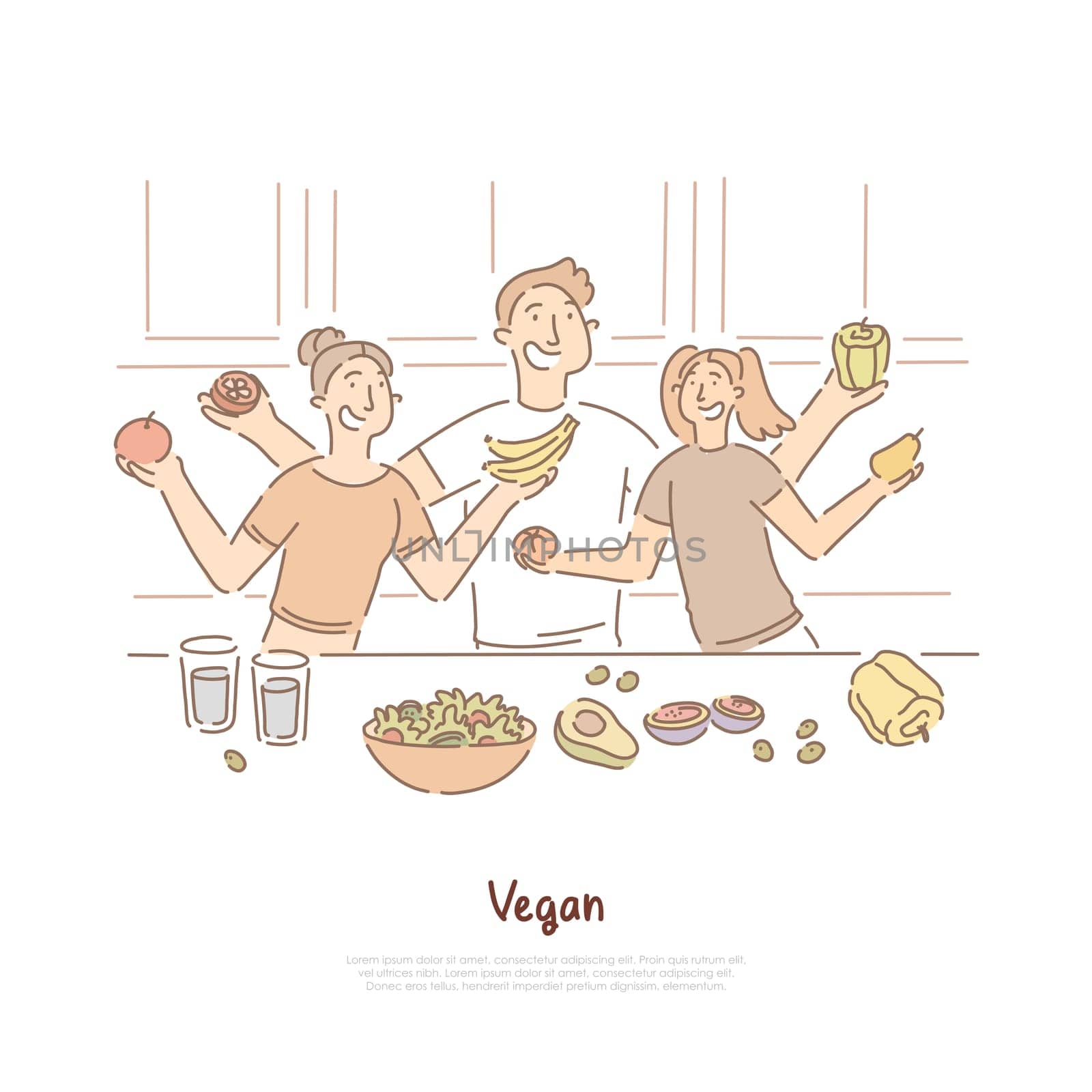 Happy people on kitchen, mother, father and daughter holding fresh fruits and vegetables, vegetarian nutrition banner. Vegan family, healthy lifestyle concept cartoon sketch. Flat vector illustration