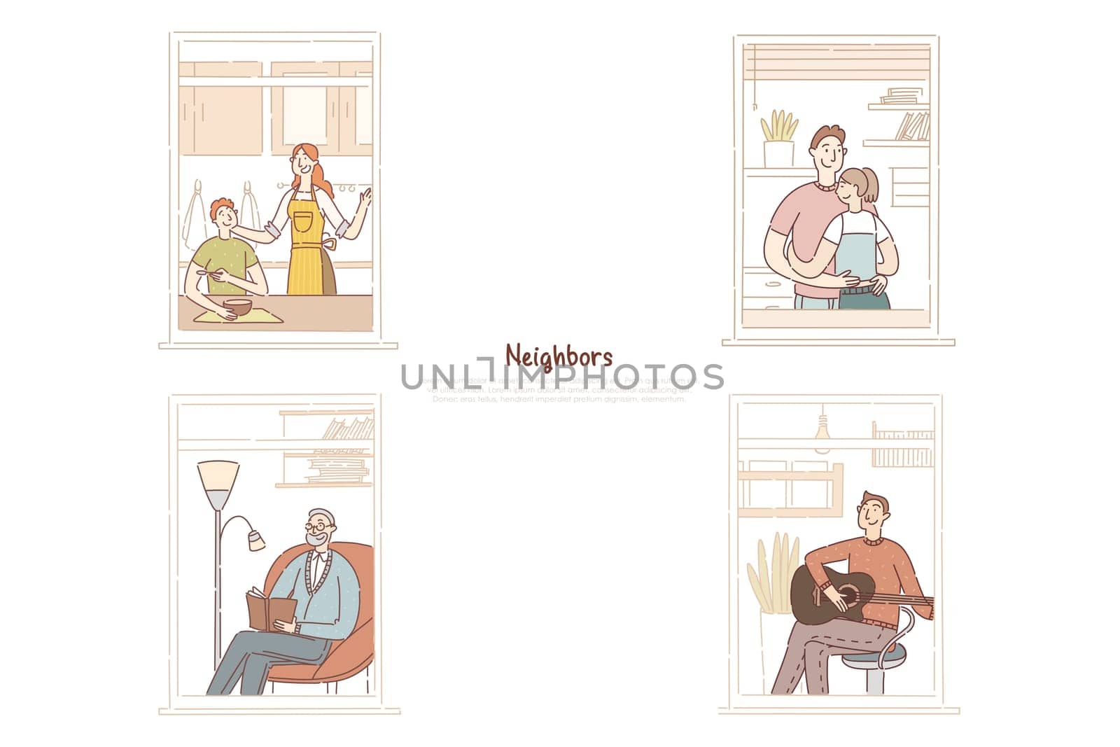 Neighbors in apartment windows, married couple hugging, senior man reading book, young guy playing guitar banner. Multi storey residential building concept cartoon sketch. Flat vector illustration