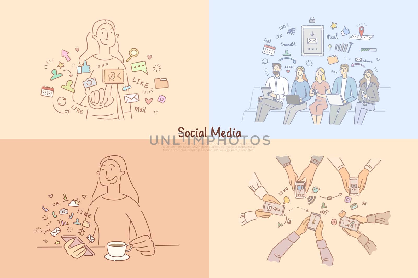 People using social media networks, online chatting, workflow management software, digital marketing banner. App advertising, Internet cloud service concept cartoon sketch. Flat vector illustration