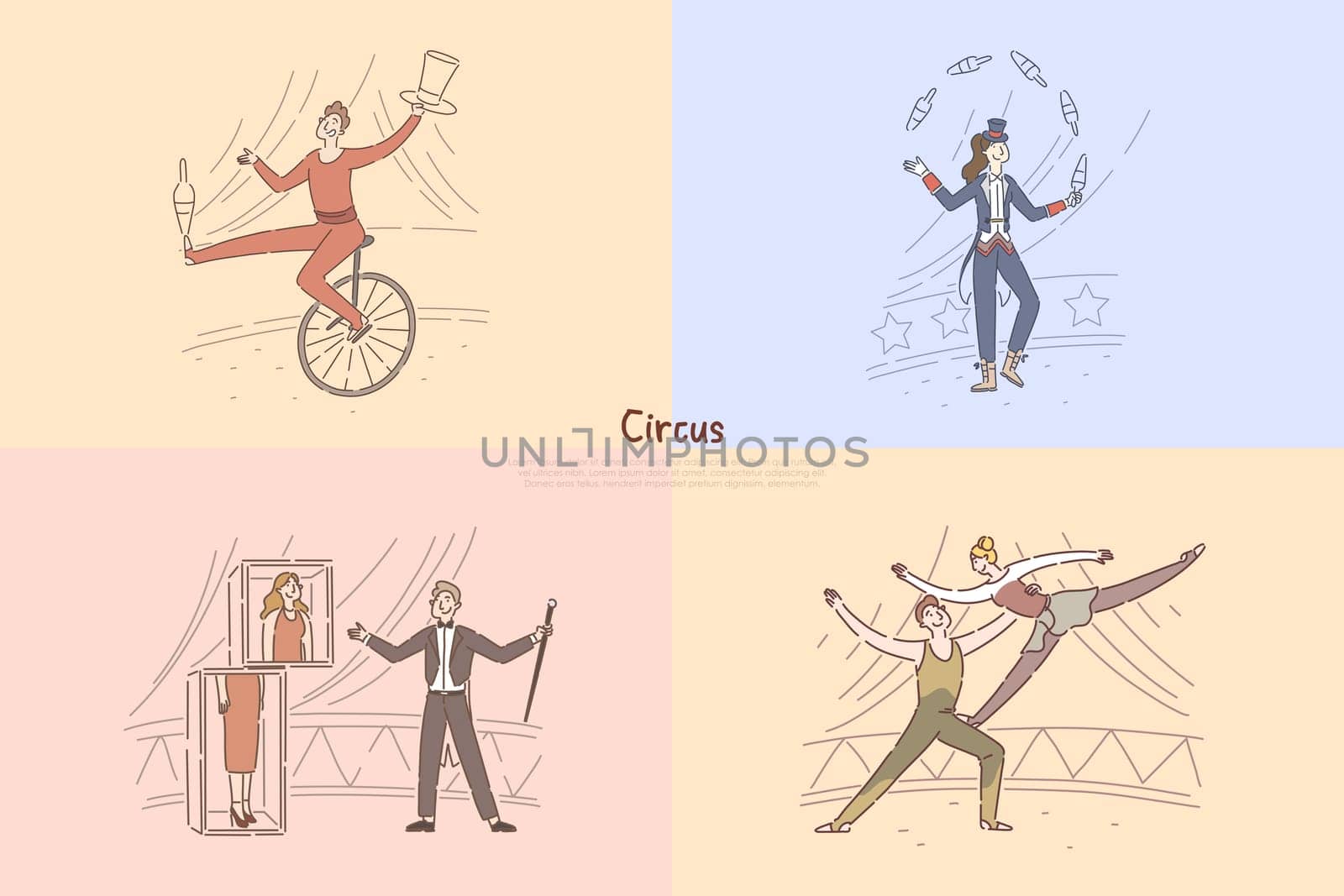 Circus performers in arena, illusionist showing magical tricks, juggler riding unicycle, acrobats exercising banner. Amusement, entertainment industry concept cartoon sketch. Flat vector illustration